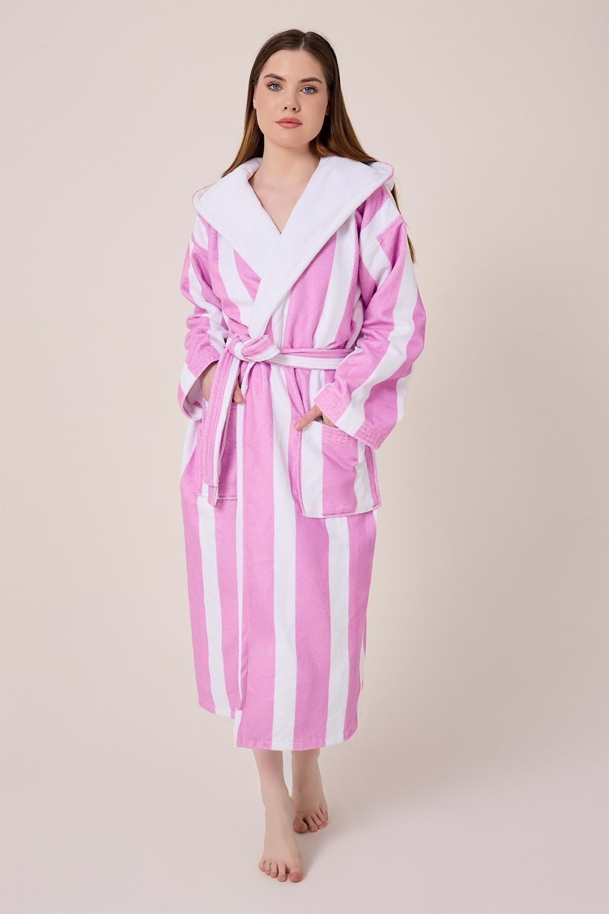 VEVİEN HOME-Striped Patterned Digital Printed Hooded Bathrobe Lila 3