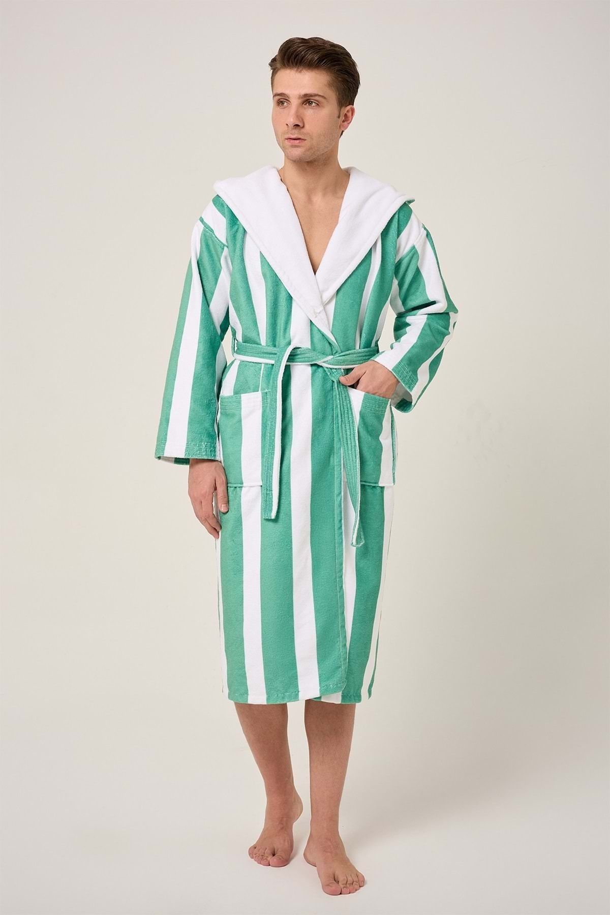 VEVİEN HOME-Striped Patterned Digital Printed Hooded Bathrobe Green 3