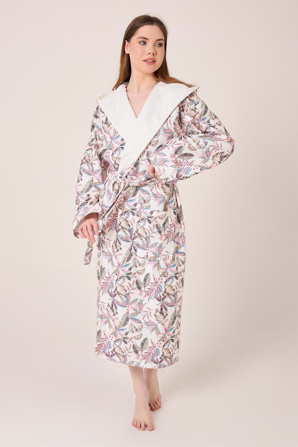 VEVİEN HOME-Fiore Patterned Digital Printed Hooded Bathrobe 4