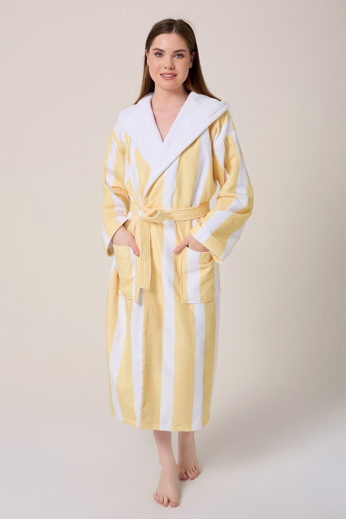 VEVİEN HOME-Striped Patterned Digital Printed Hooded Bathrobe Yellow 3