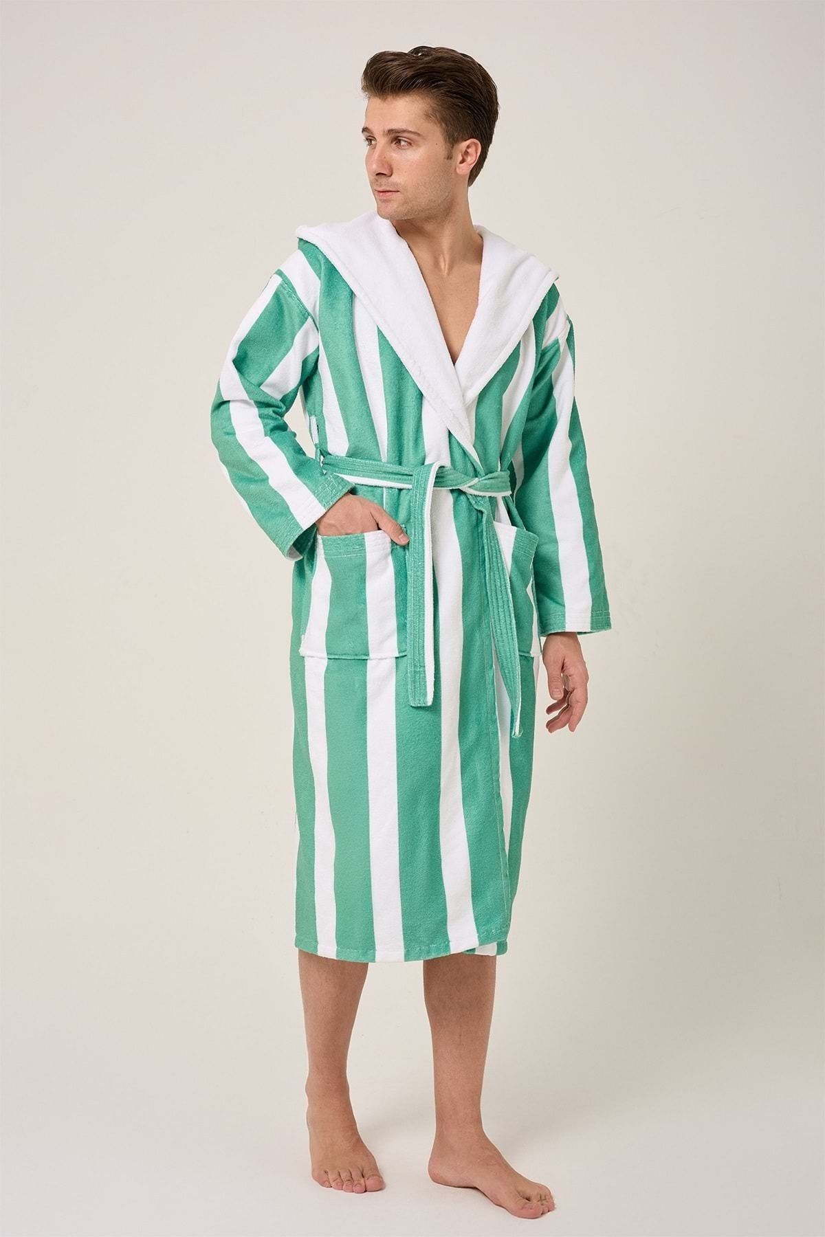 VEVİEN HOME-Striped Patterned Digital Printed Hooded Bathrobe Green 4