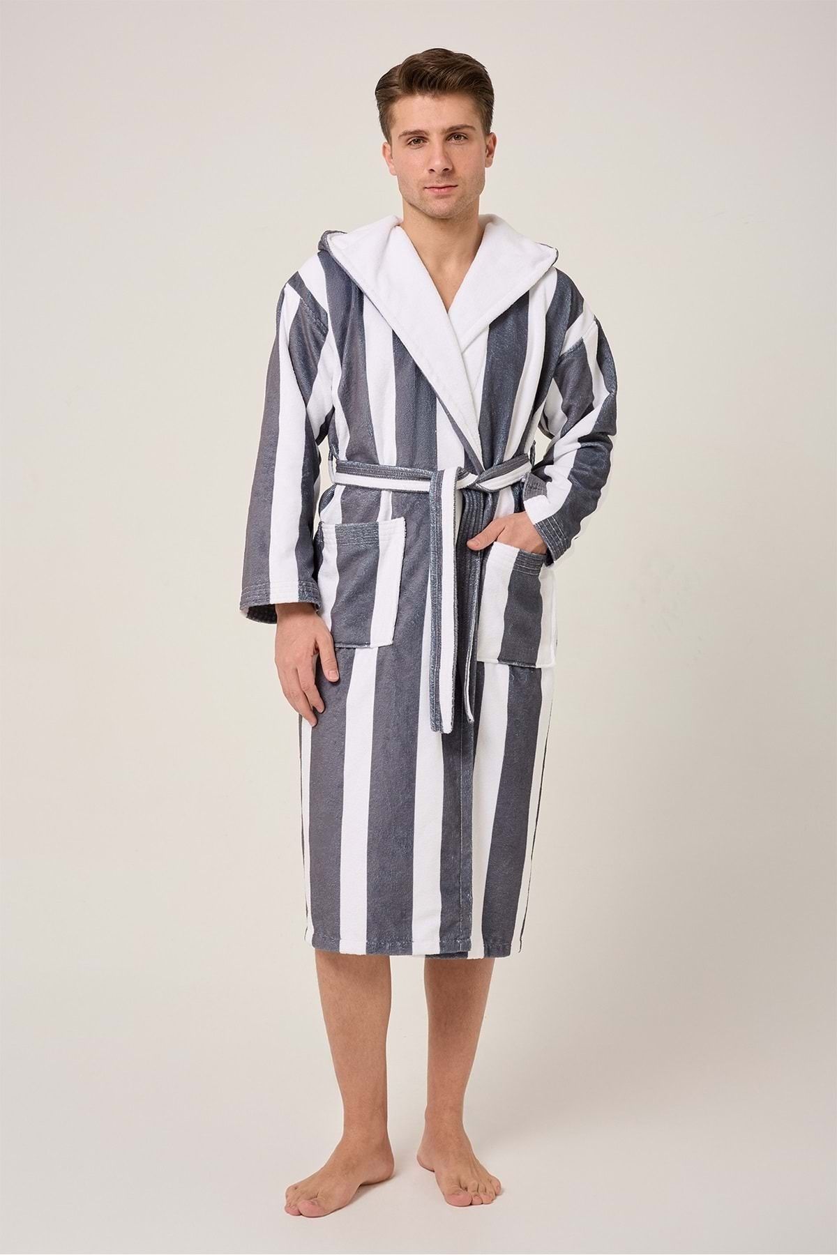 VEVİEN HOME-Striped Patterned Digital Printed Hooded Bathrobe Anthracite 3