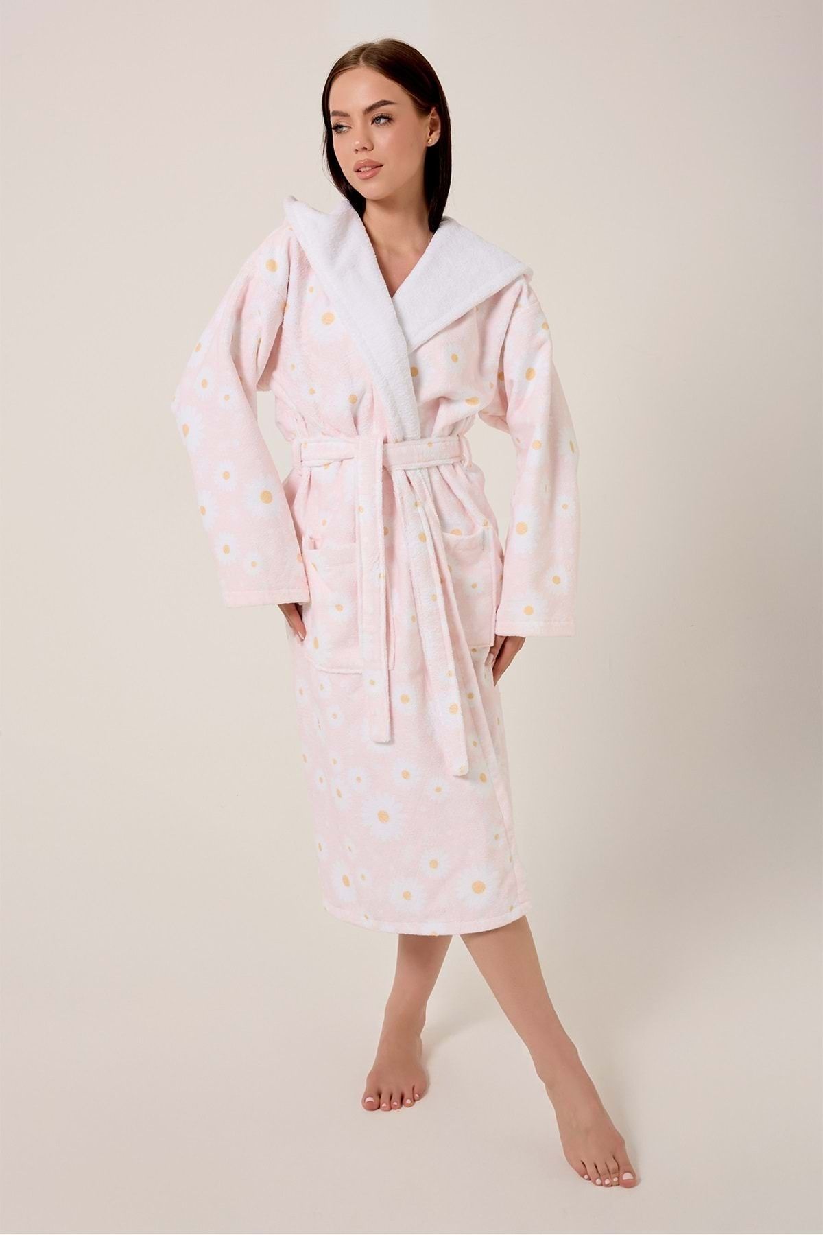 VEVİEN HOME-Daisy Patterned Digital Printed Hooded Bathrobe 2
