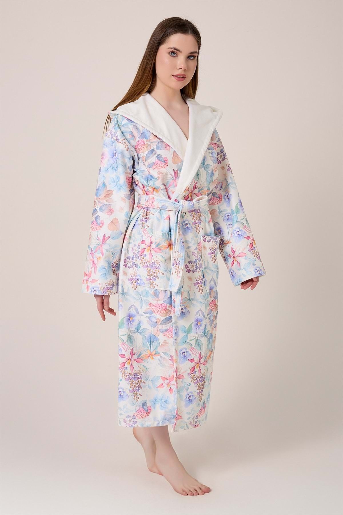 VEVİEN HOME-Narciso Fiore Patterned Digital Printed Hooded Bathrobe 4