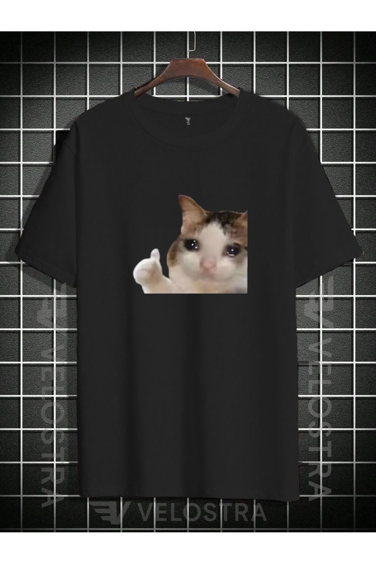 Velostra Unisex Ağlayan Kedi Baskılı Oversize T-shirt