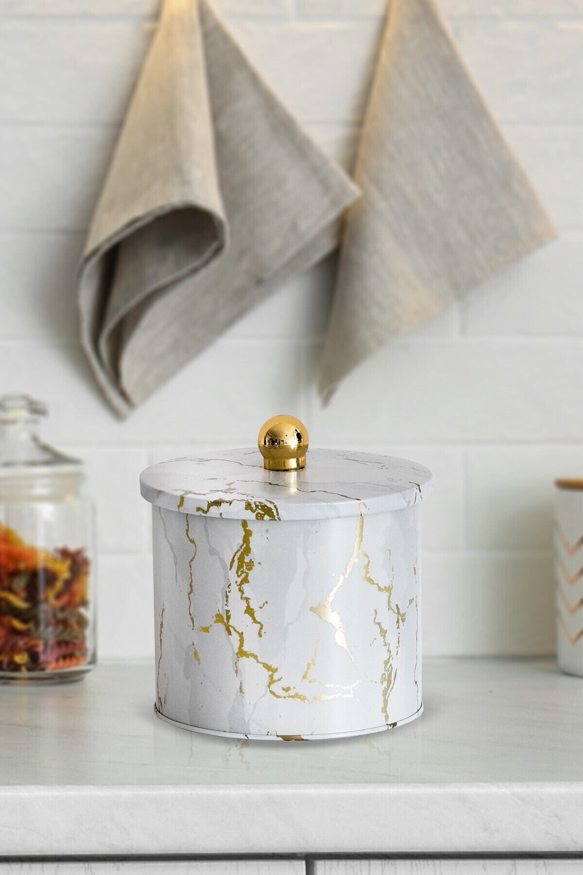 Ef142-51 Marble White Pattern Round Metal Storage Box 14 Cm