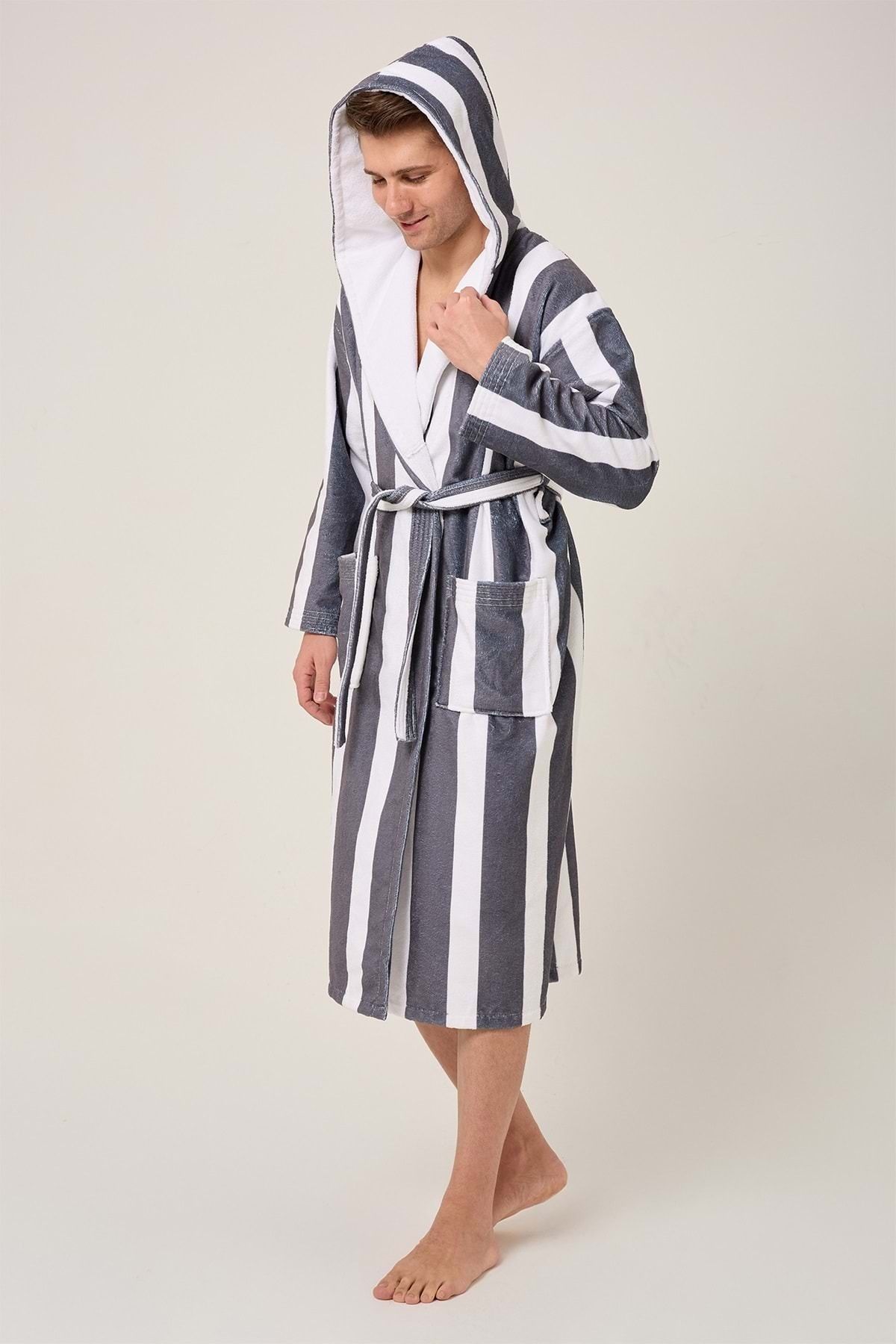 VEVİEN HOME-Striped Patterned Digital Printed Hooded Bathrobe Anthracite 2