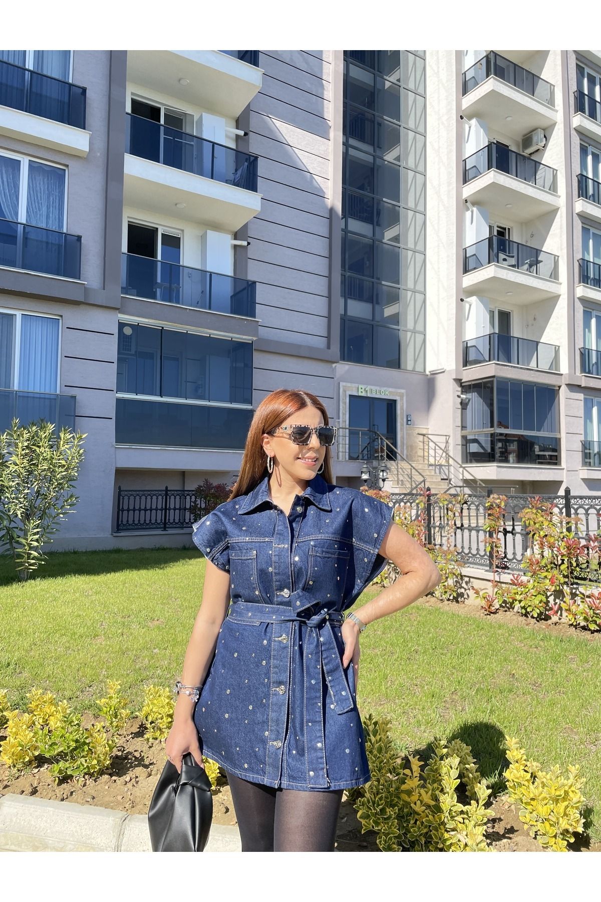 ChicAura Luna Zımba Detaylı Kemerli Denim Yelek