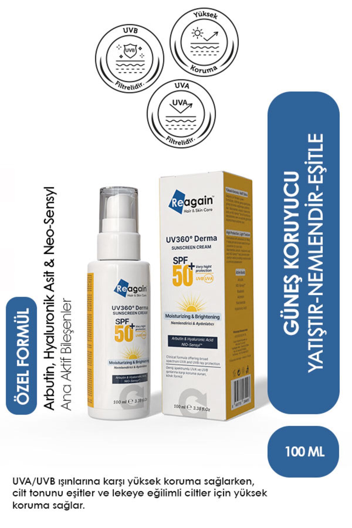 Reagain UV360 Derma SPF 50+ Günlük Yüksek UV Korumalı Ton Eşitleyici Yatıştırıcı Güneş Kremi 100ml