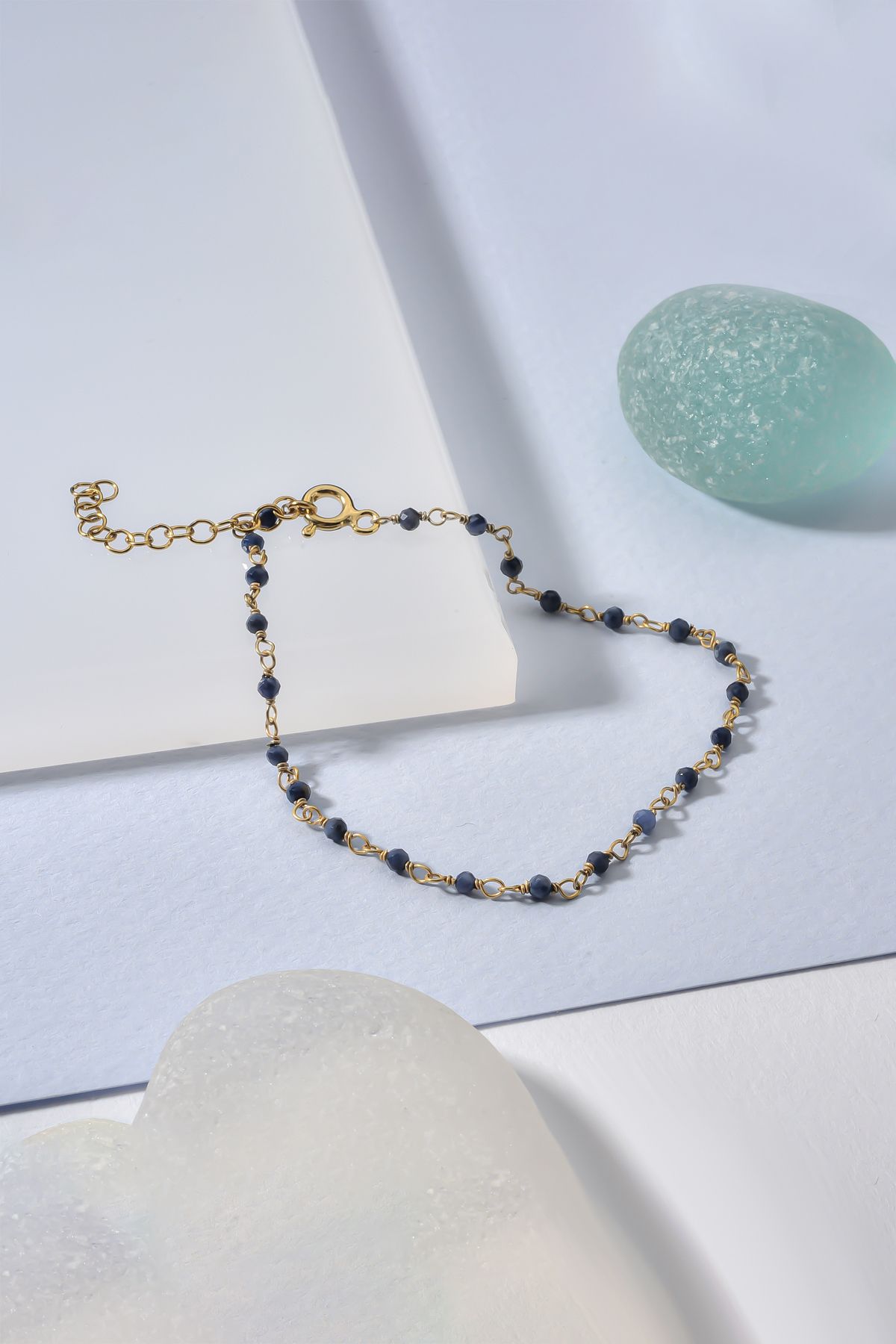 Nox Jewelry 14 Ayar Altın Kaplama Safir Doğal Taşlı El Yapımı Gümüş Bileklik - CBS00129