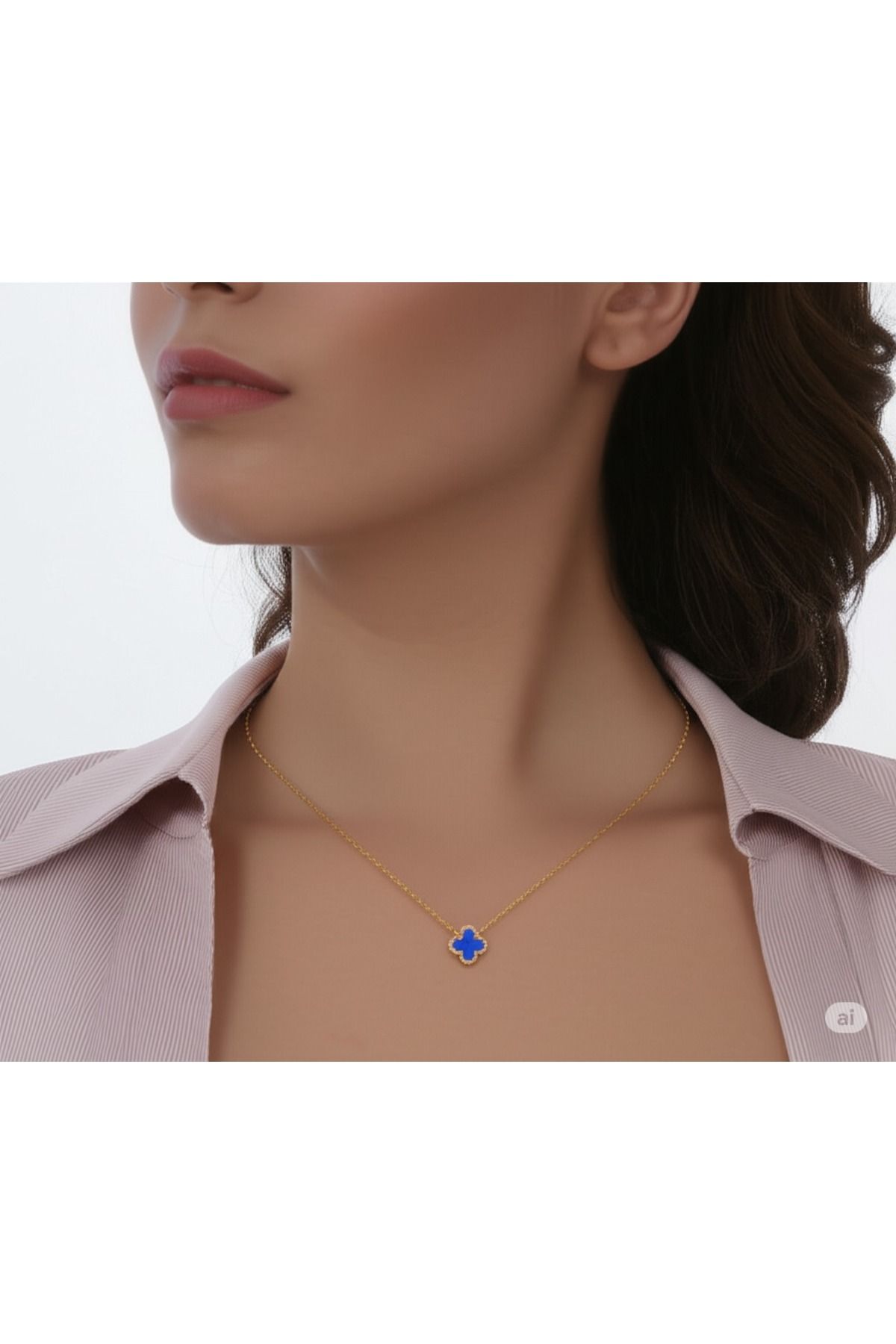 GLOW LUXE 316L Çelik Mavi Renkli Yonca Şık Tasarımlı Kolye