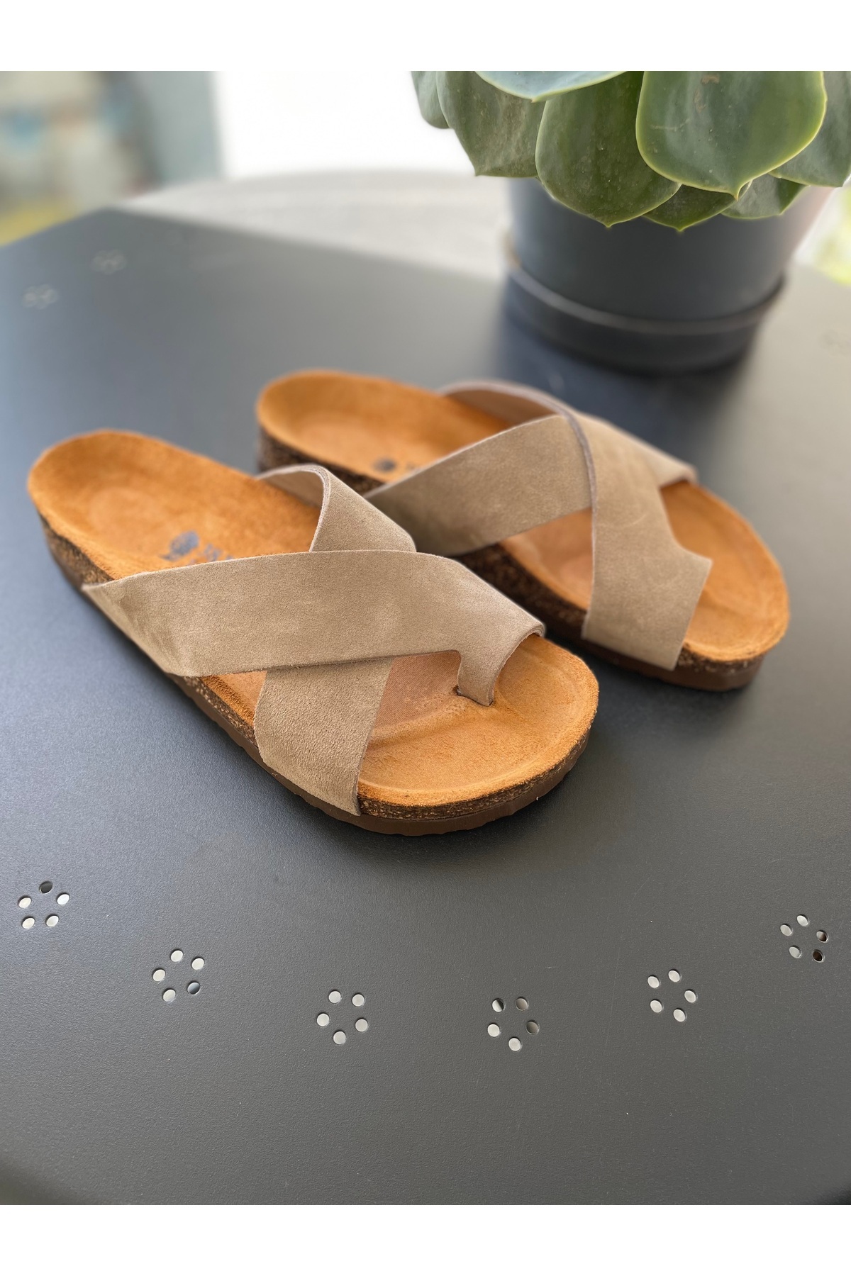 Land of Cork-Anatomical Natural Cork Sole Taupe Flip Flops Suede Leather Women's Slippers 3