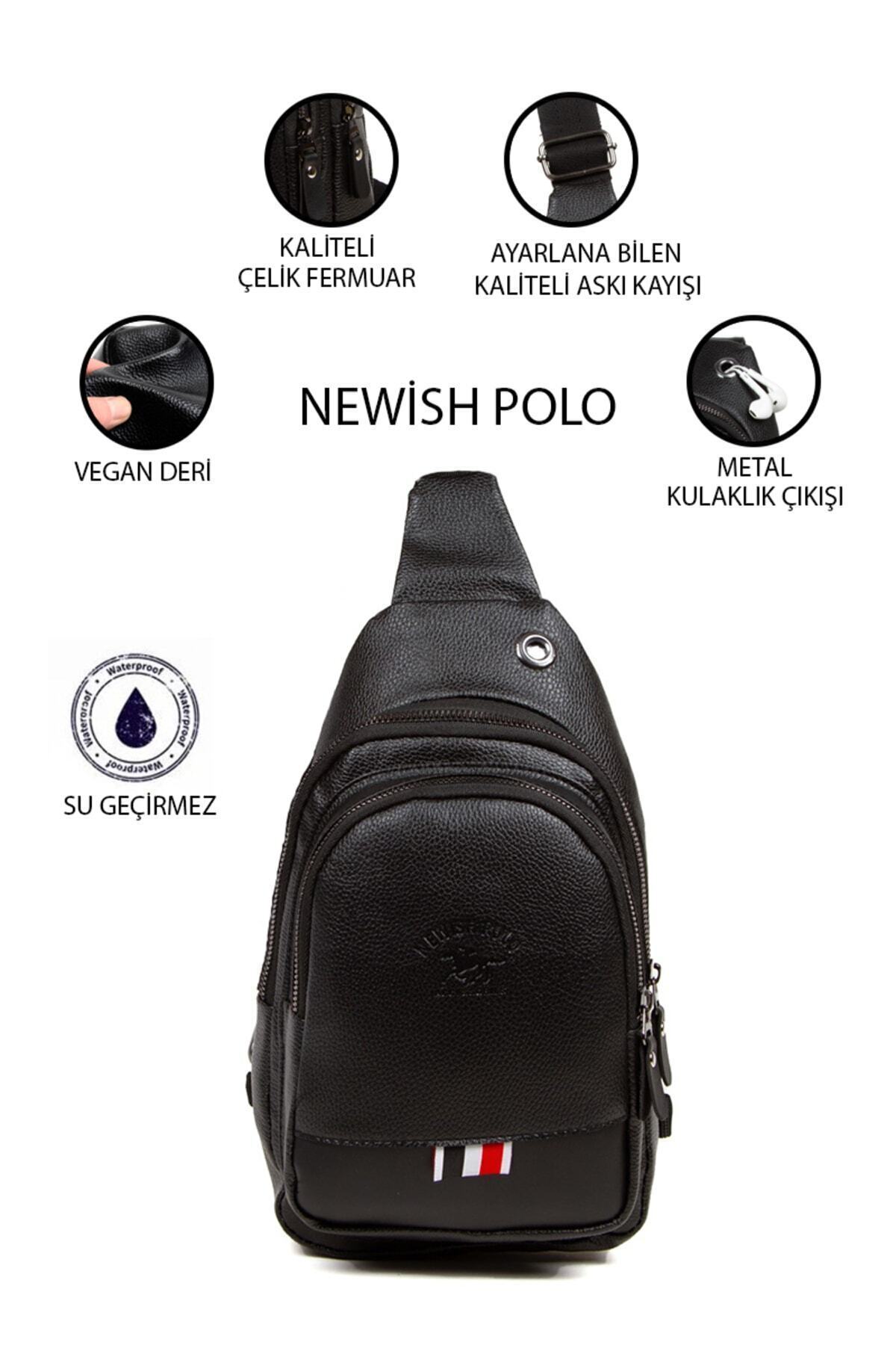 Newish  Erkek Siyah Vegan Deri Kulaklık Çıkışlı Çapraz Omuz Çantası Bel Çantası Günlük Çanta - Görsel 5