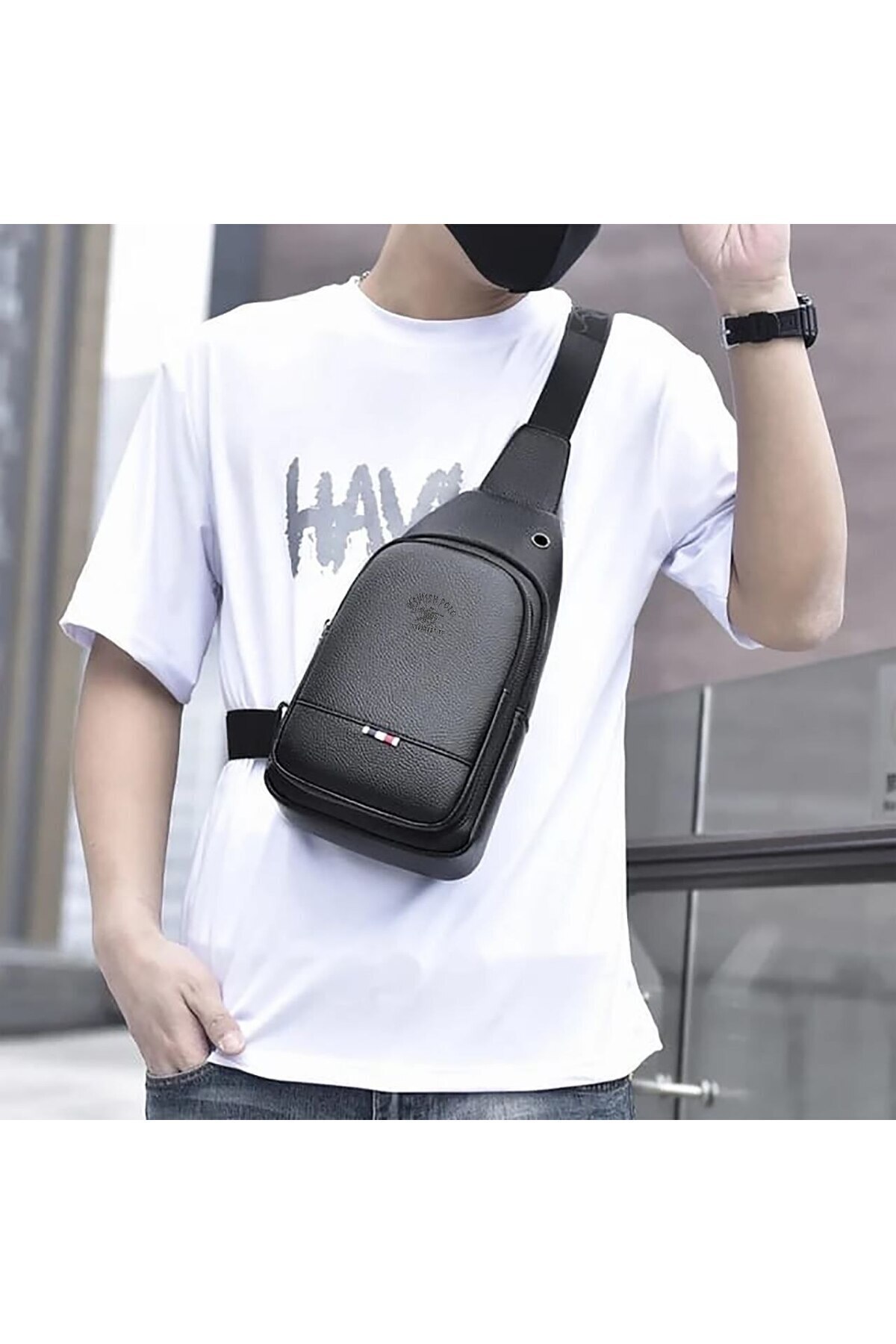 Newish  Erkek Siyah Vegan Deri Kulaklık Çıkışlı Çapraz Omuz Çantası Bel Çantası Günlük Çanta - Görsel 4