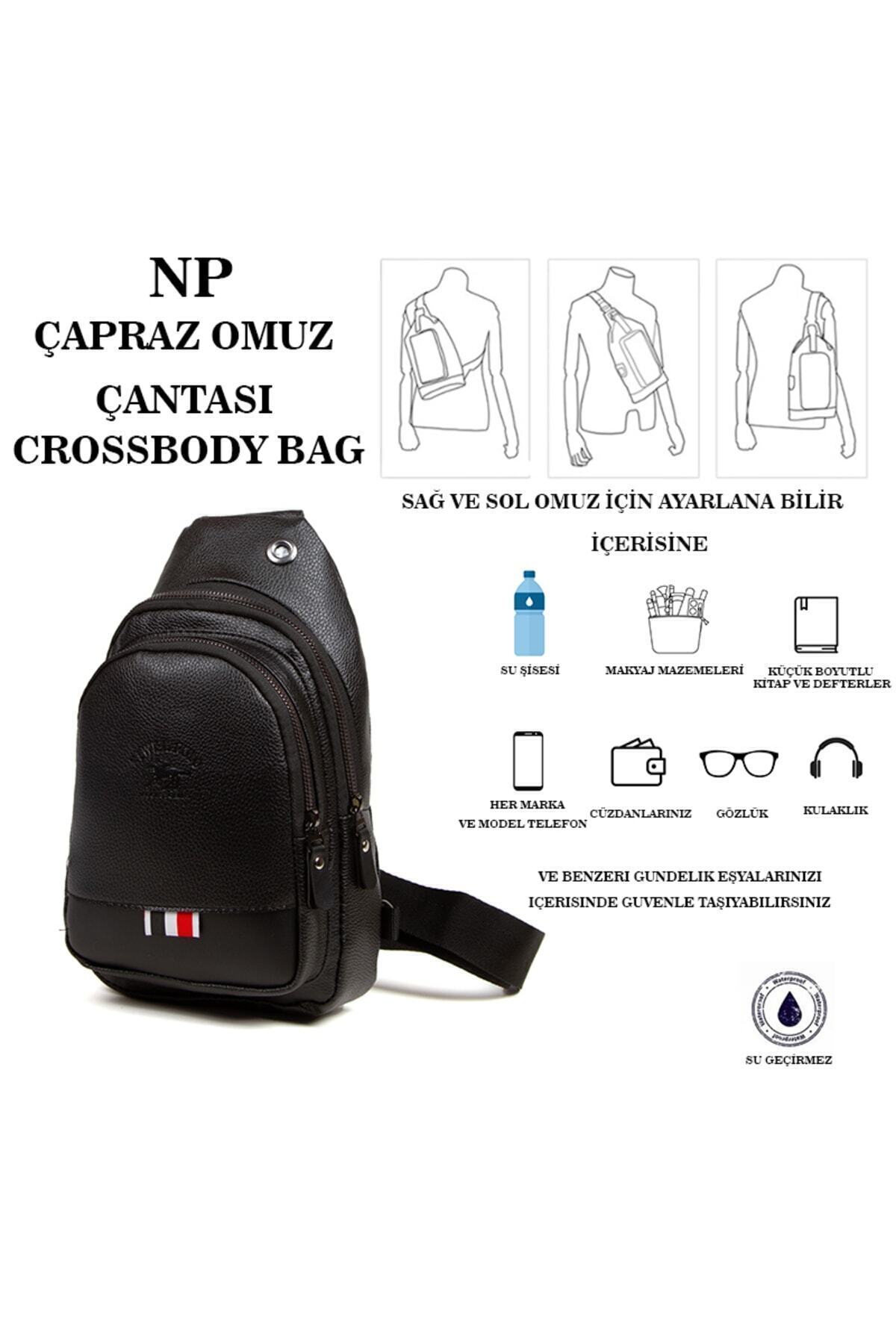 Newish  Erkek Siyah Vegan Deri Kulaklık Çıkışlı Çapraz Omuz Çantası Bel Çantası Günlük Çanta - Görsel 6