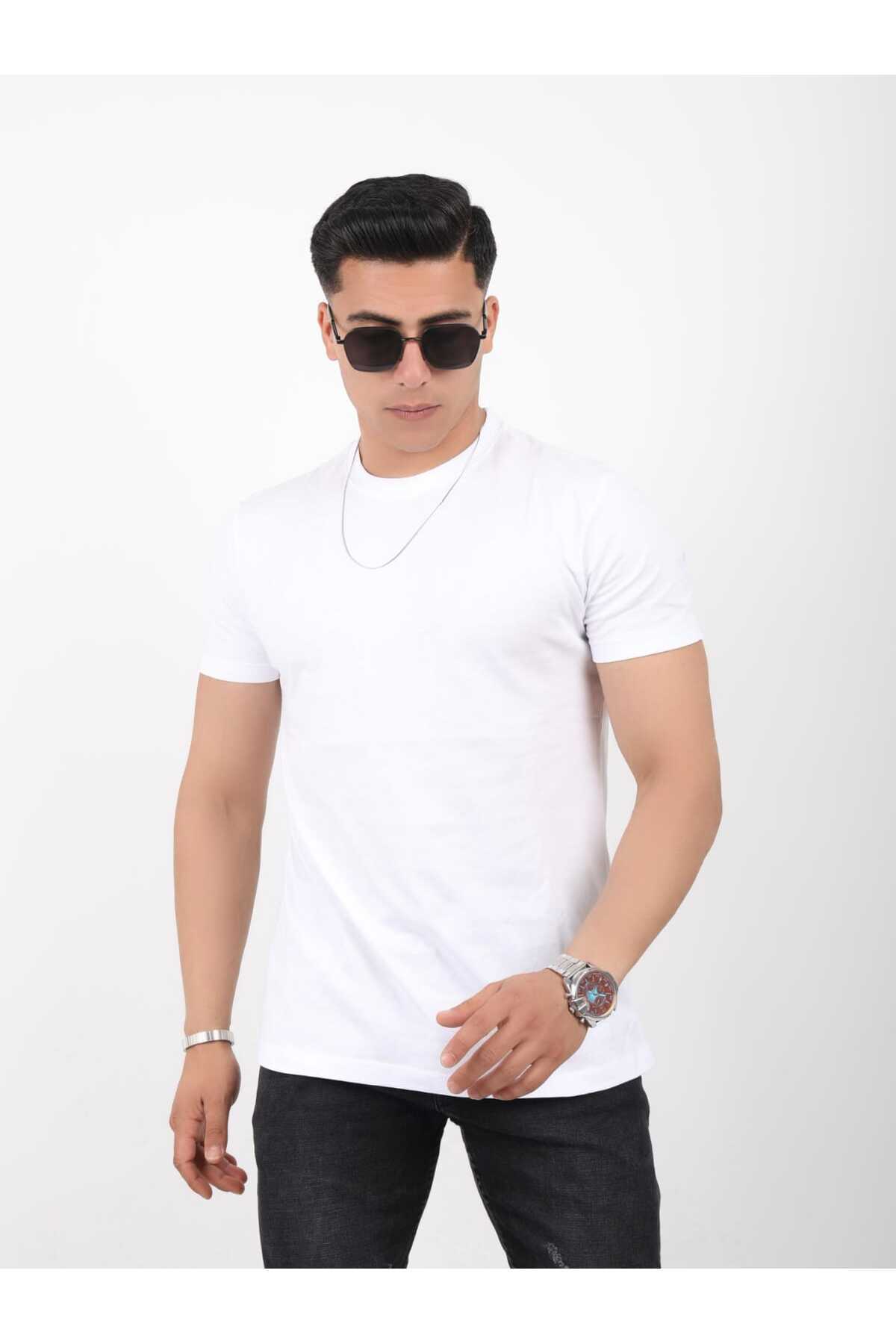 Pientro Erkek Beyaz %100 Pamuk Yumuşak Dokulu Slim Fit Dar Kesim Bisiklet Yaka Basic Tişört görsel 2