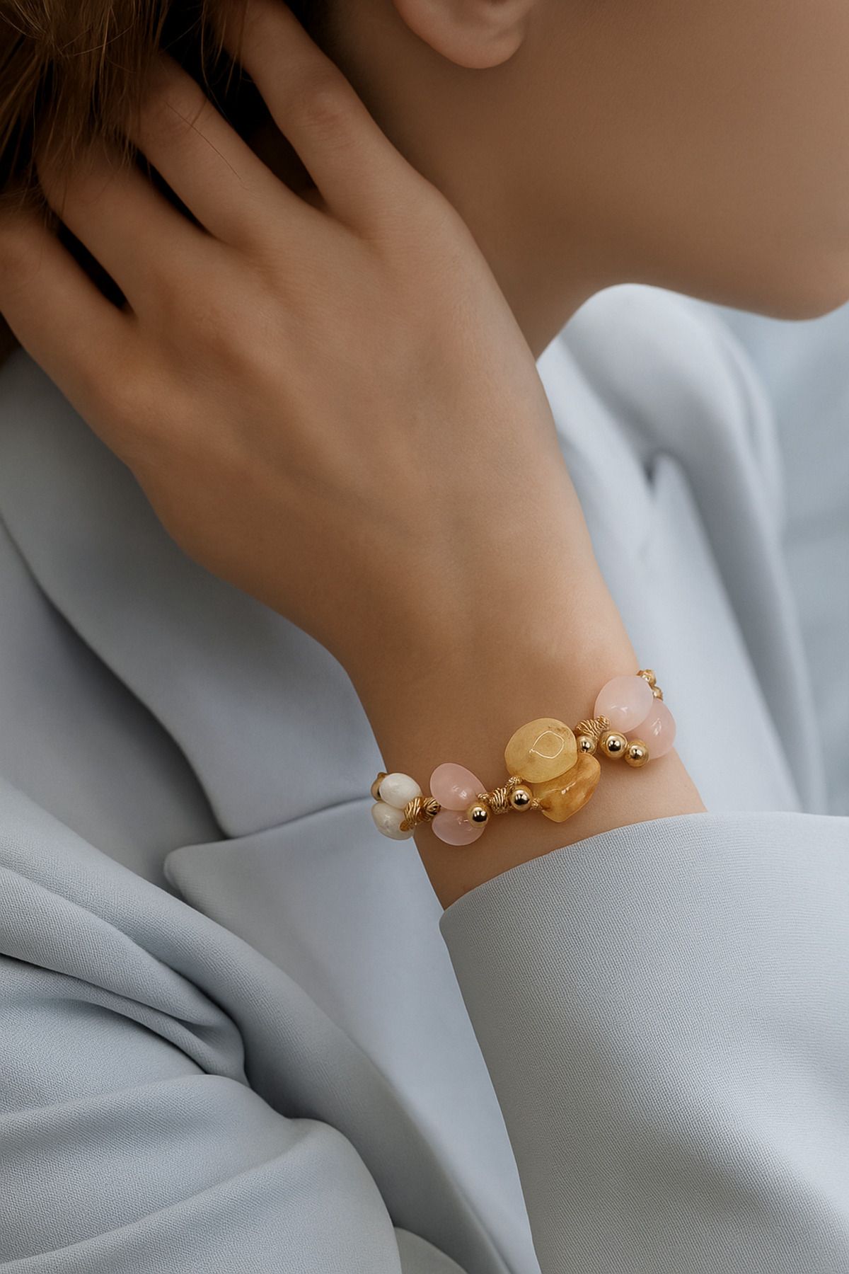 Safnaturel IGSL Sertifikalı Sitrin – Pembe Kuvars – Ay Taşı – Hematit Doğal Taş Makrome Bileklik