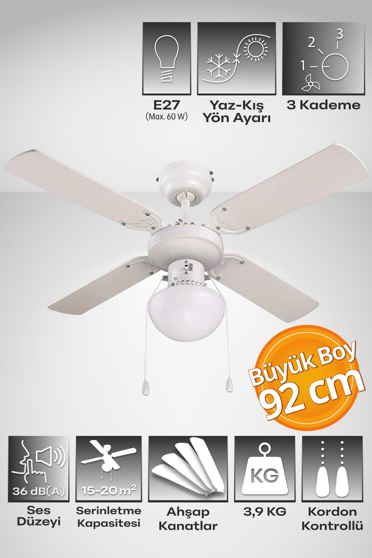 Blooma Aydınlatmalı Beyaz Kanat Eko Tavan Vantilatörü - 92 Cm