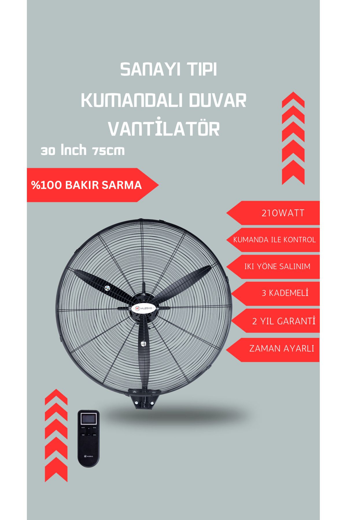 MUZEKO Endüstriyel Zaman Ayarlı 2 Salınımlı 30 Inç Duvar Tipi Kumandalı Sanayi Vantilatör 75cm %100 Bakır