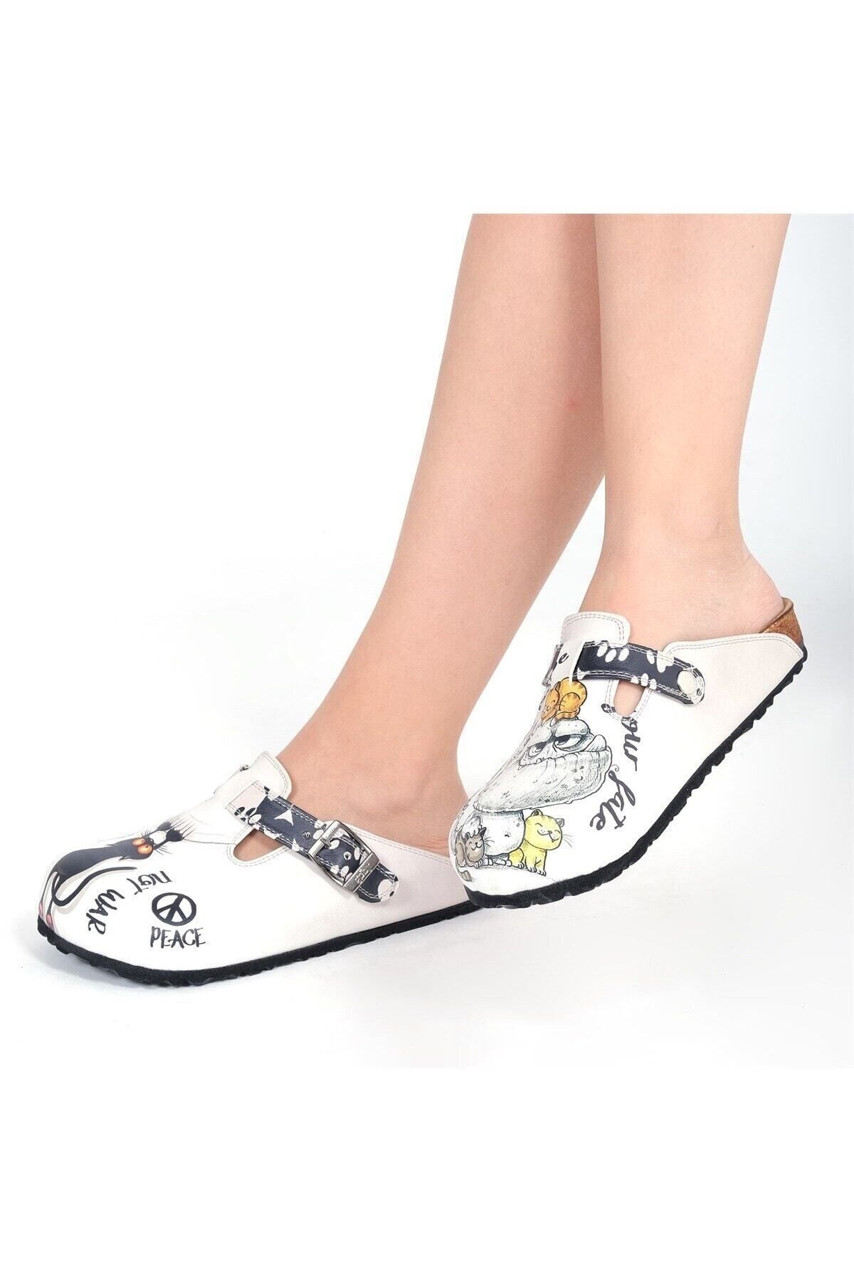 Goby-Cute Monster and Black Cat Pattern Printed Closed Toe White Sabo Women's Slippers 1