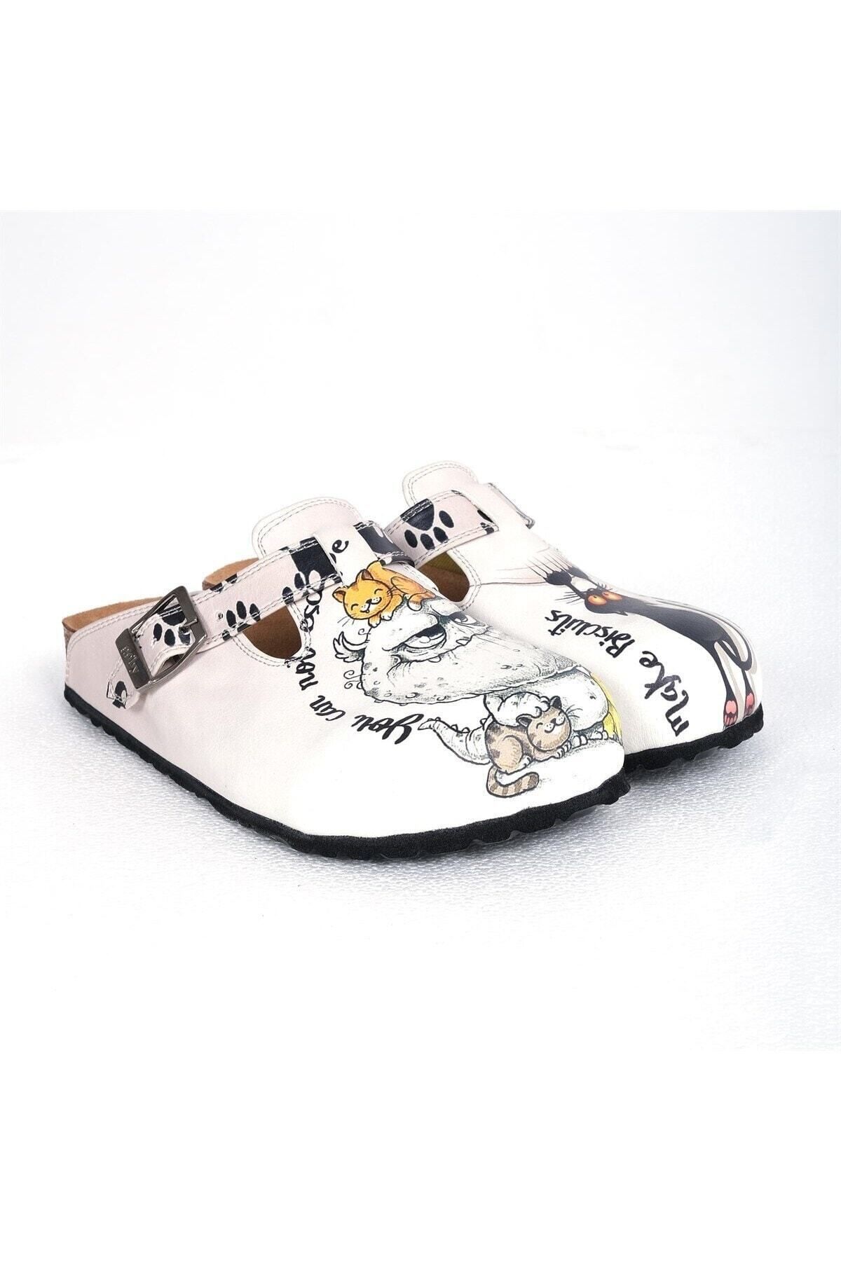 Goby-Cute Monster and Black Cat Pattern Printed Closed Toe White Sabo Women's Slippers 4