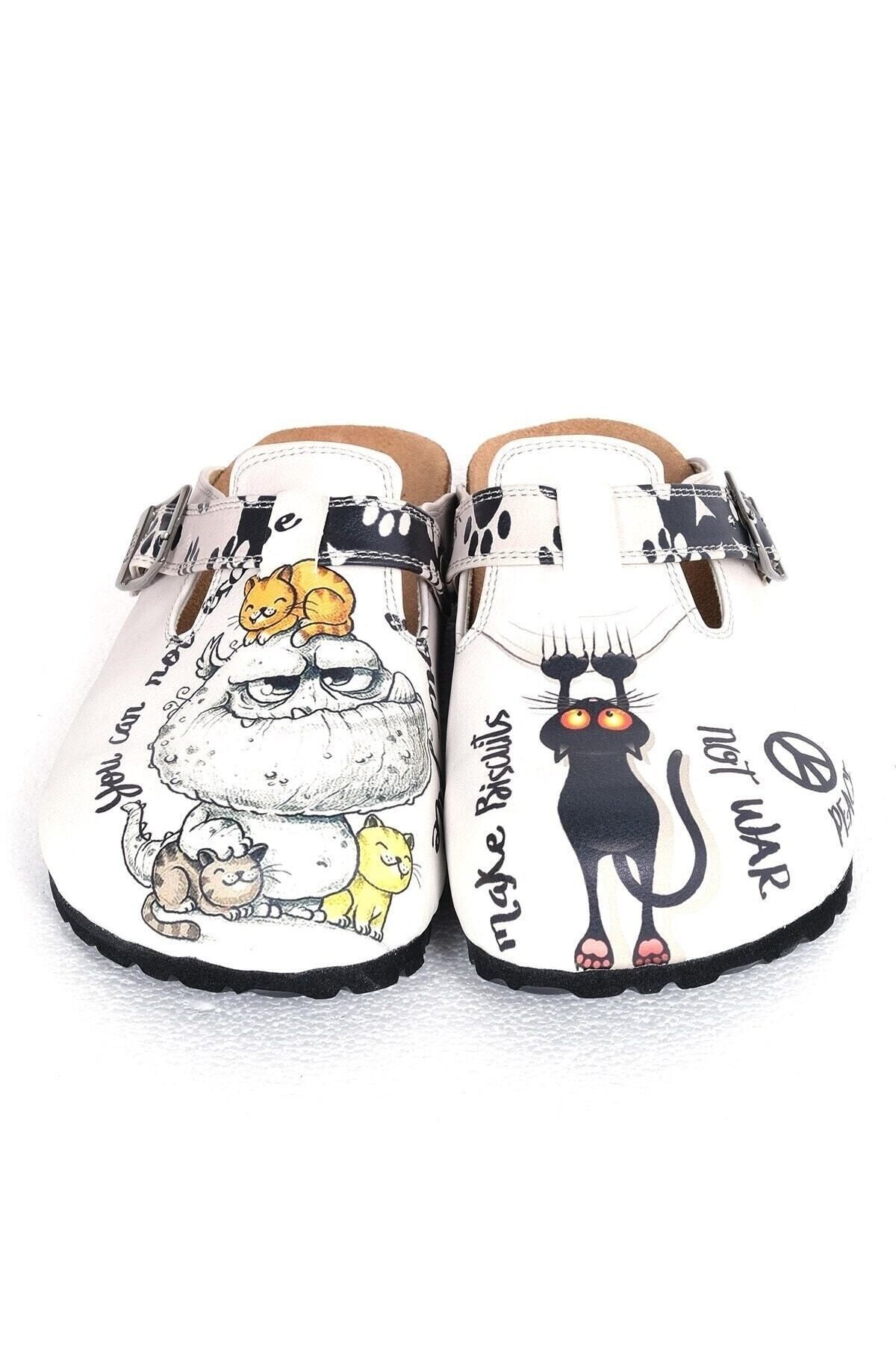 Goby-Cute Monster and Black Cat Pattern Printed Closed Toe White Sabo Women's Slippers 2
