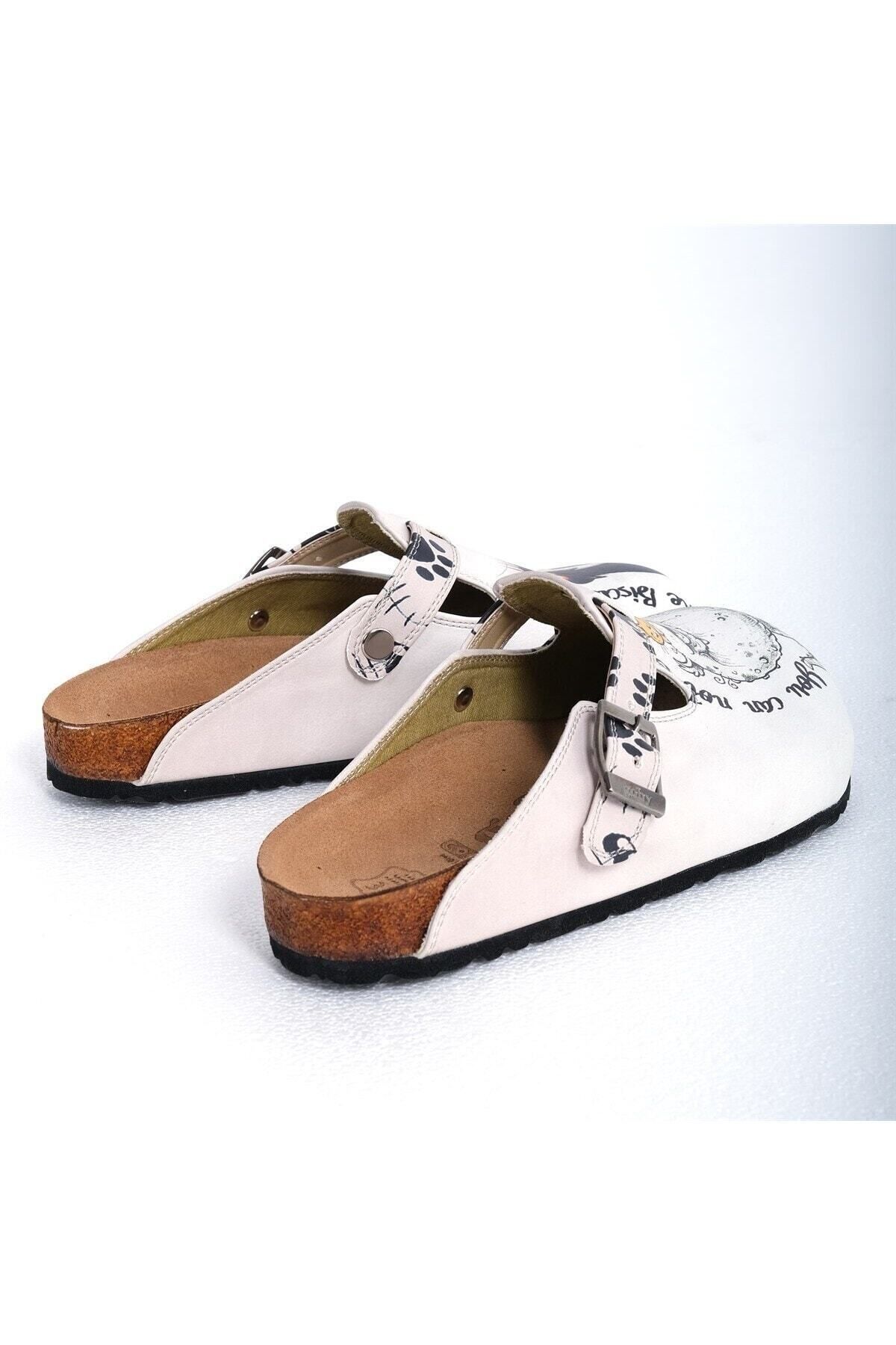 Goby-Cute Monster and Black Cat Pattern Printed Closed Toe White Sabo Women's Slippers 3