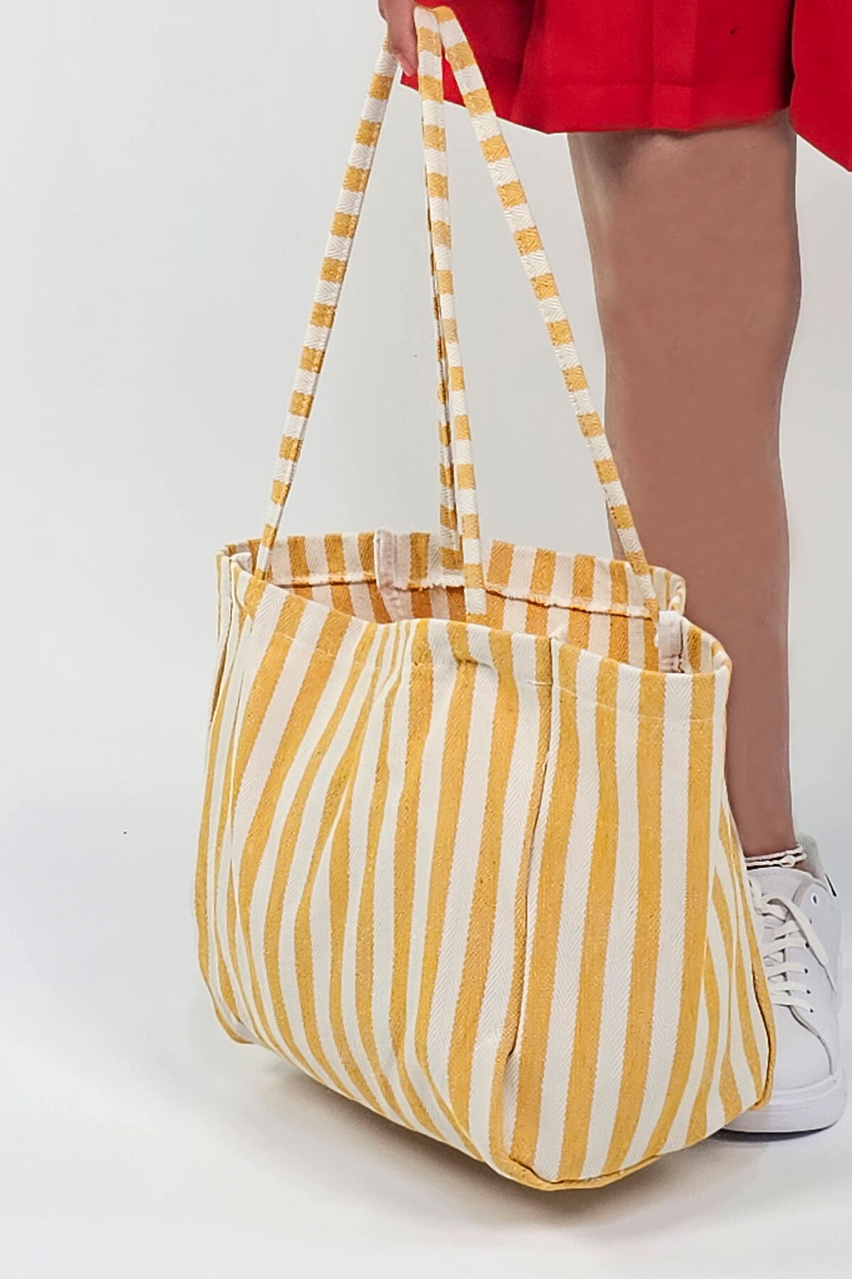 Woys Bags Sarı Çizgili Desen Dokuma Plaj Çantası görsel 5