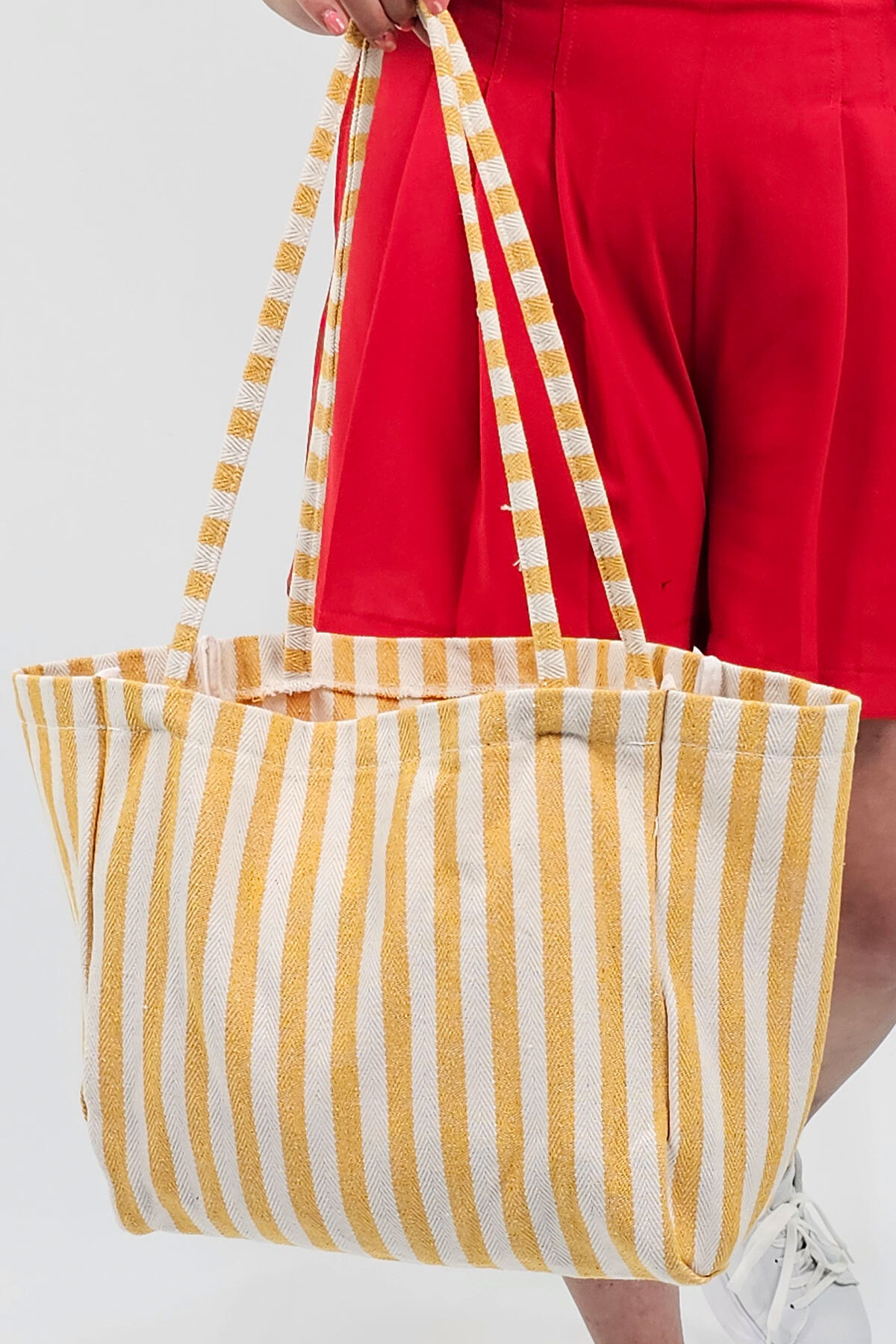 Woys Bags Sarı Çizgili Desen Dokuma Plaj Çantası görsel 6