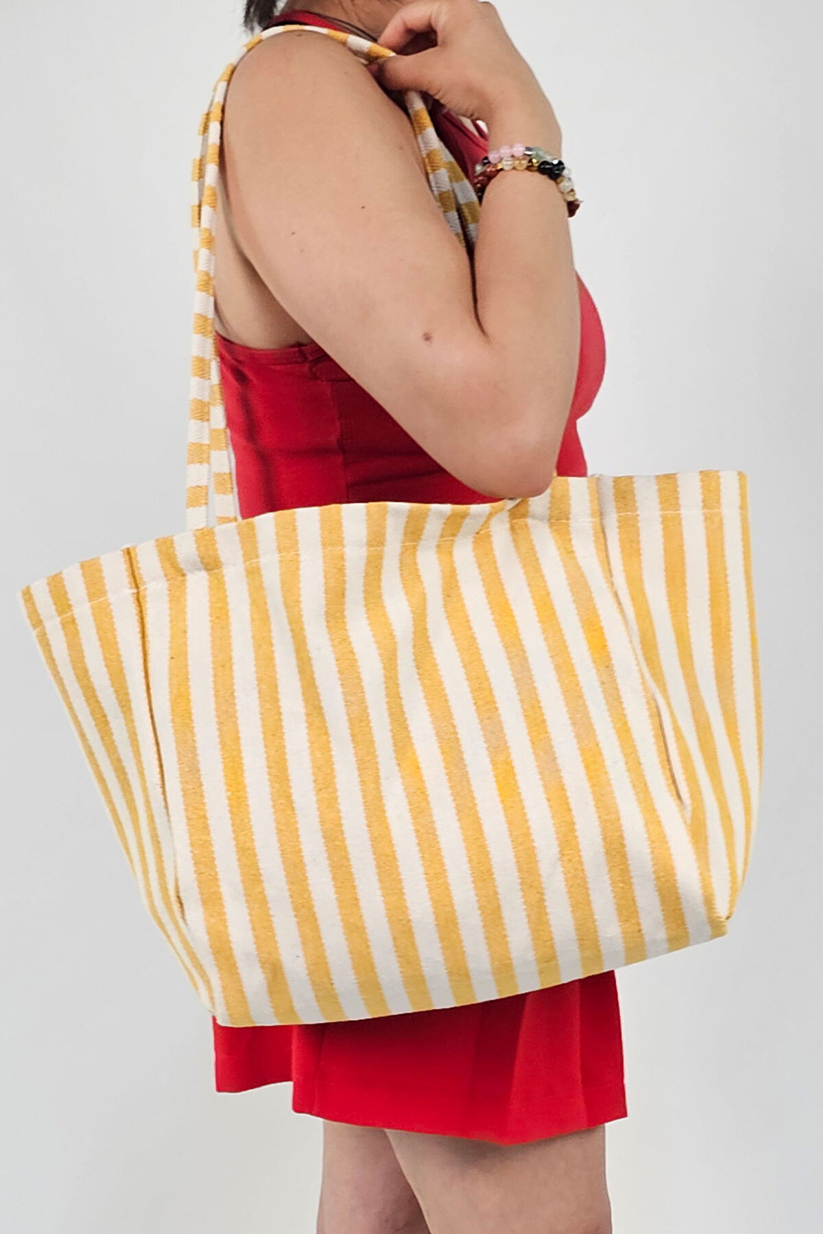 Woys Bags Sarı Çizgili Desen Dokuma Plaj Çantası görsel 3