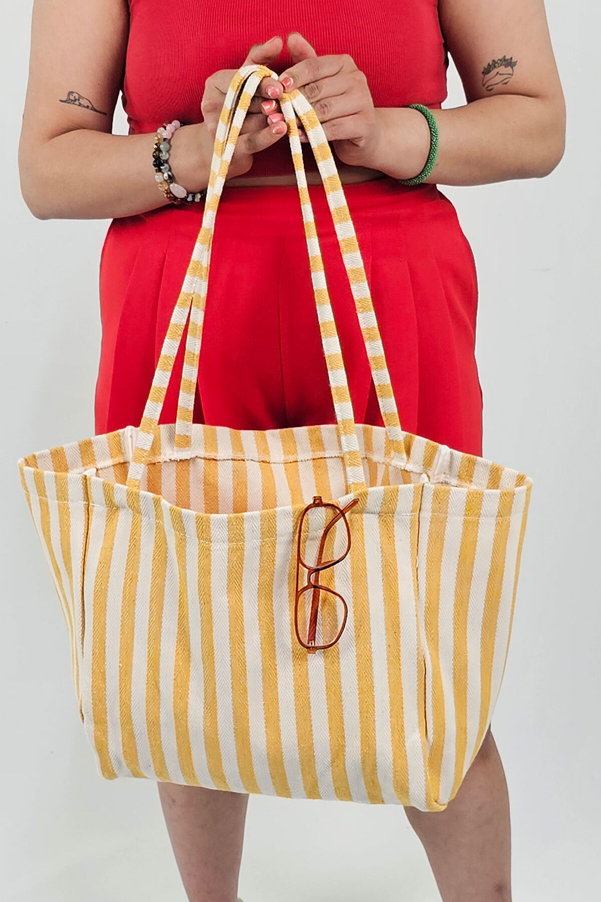 Woys Bags Sarı Çizgili Desen Dokuma Plaj Çantası görsel 4