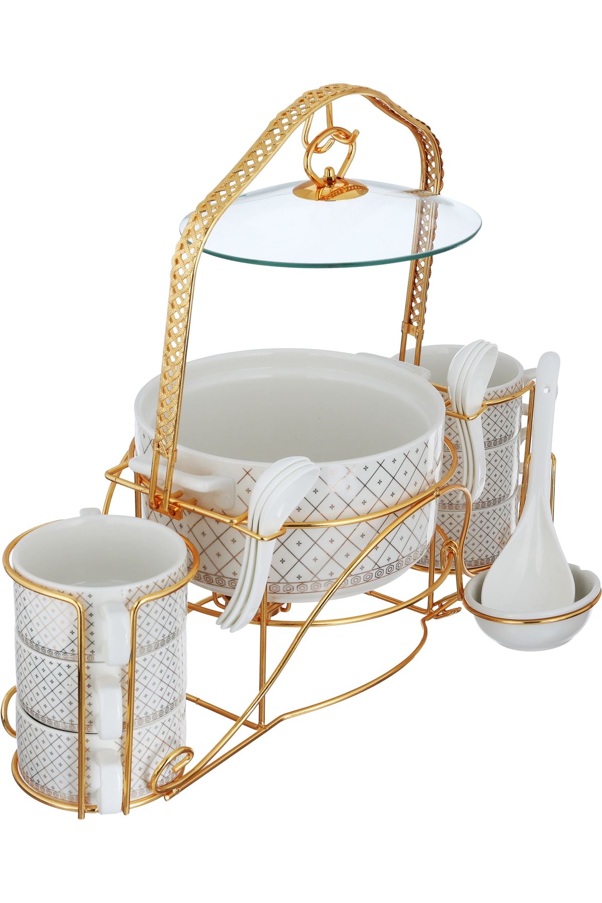 Alsaif Gallery-A golden square pattern porcelain soup set with a golden stand, 18 pieces 4