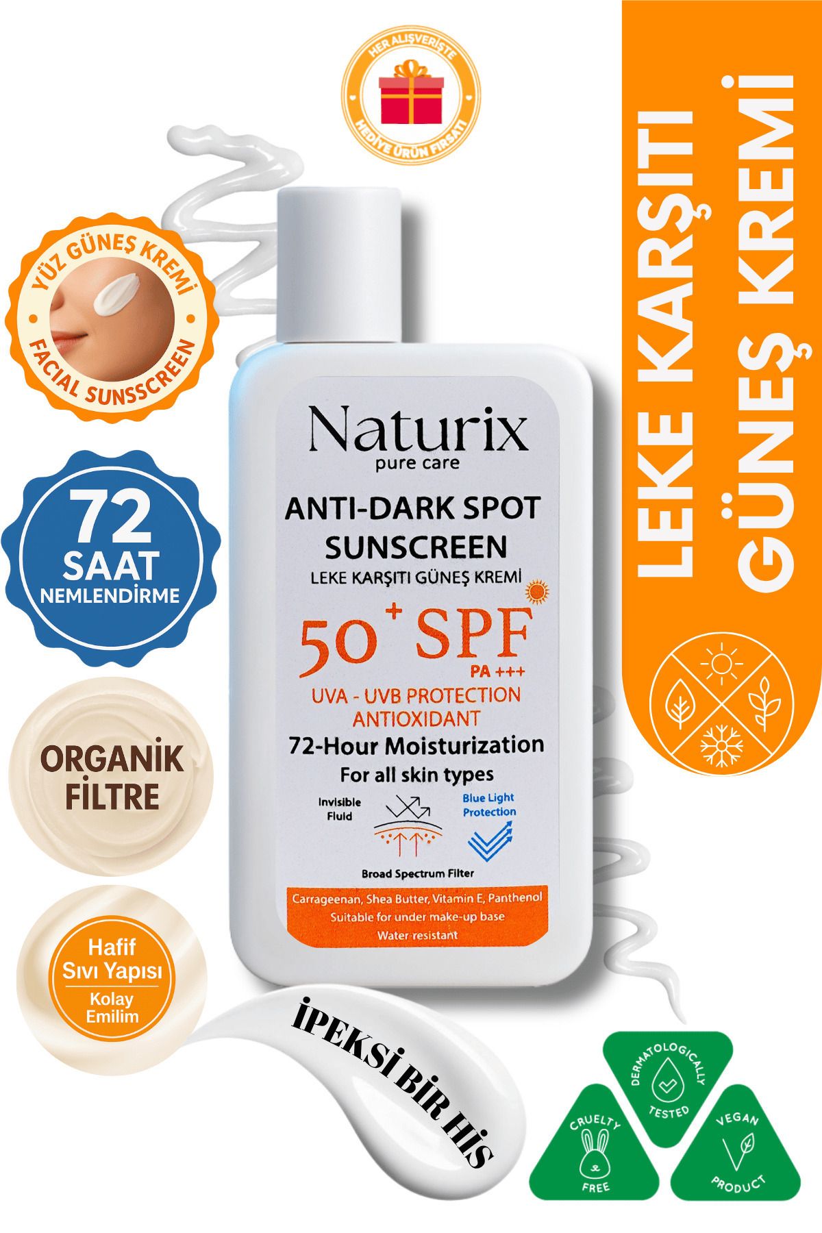 Naturix Leke Karşıtı Güneş Kremi SPF 50+ PA+++ UVA-UVB Koruma | 72 Saat Nemlendirme | Water Resistant - 50ml