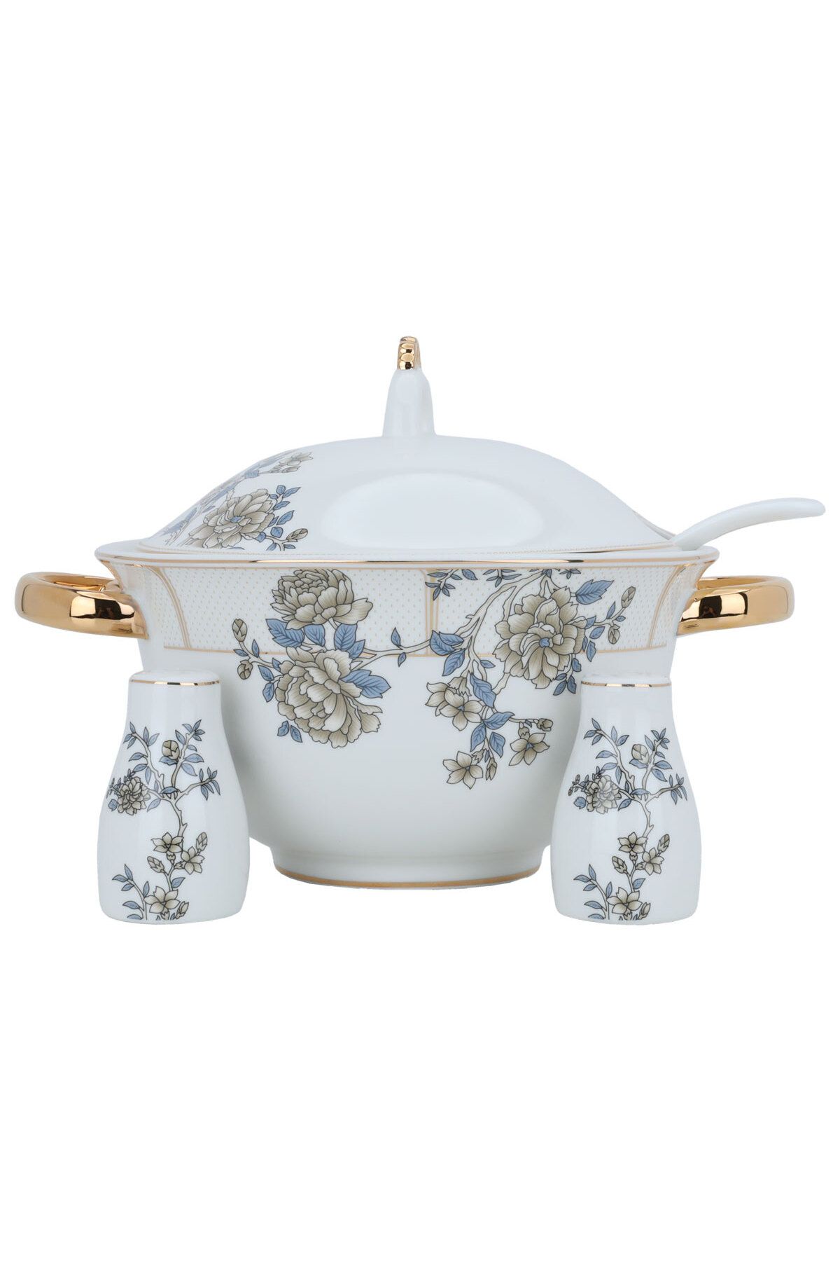 Alsaif Gallery-White porcelain dining set with a rose pattern and a golden font, 61 pieces 2