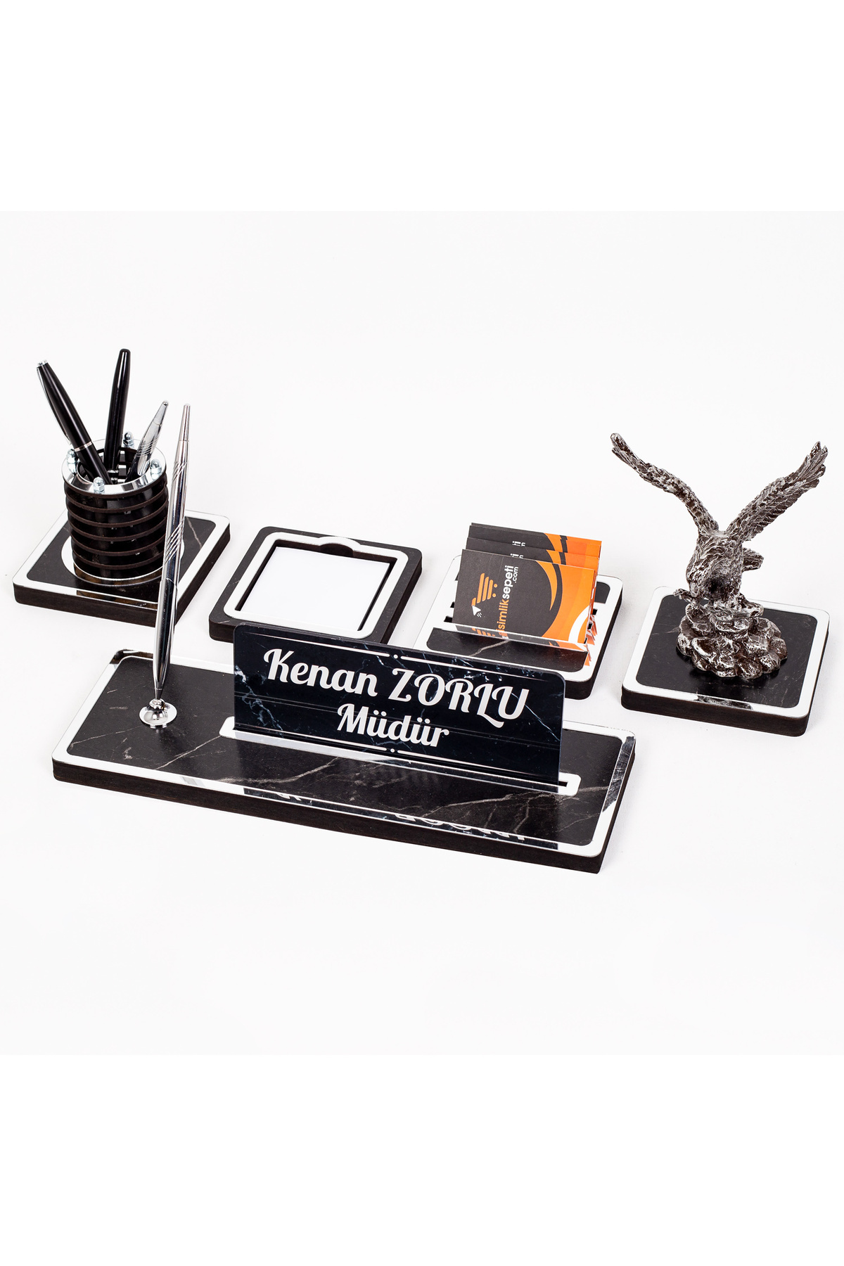 isimliksepeti Mermer Desenli Kartal Biblo 5li Ahşap Masa İsimliği Gümüş İsimlik