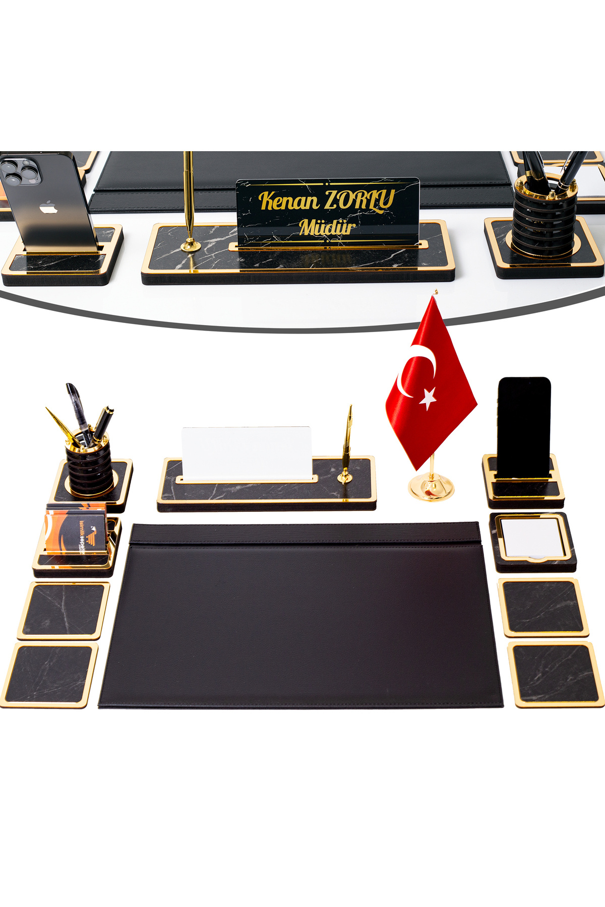 isimliksepeti 11 Parça Türk Bayraklı Mermer Desen Ahşap Sümen Takımı Masa İsimliği Deri Sümen Seti