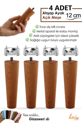 GLASWEN 4 Adet Ahşap Ayak 12 Cm Açık Meşe M8 Civatalı Bağlantı Aparatlı Mobil...