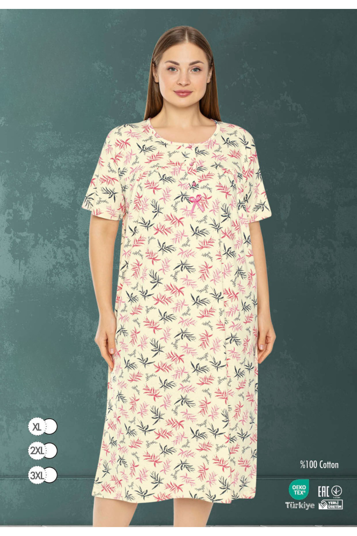 Kadın Büyük Beden Desenli %100 Pamuklu Kısa Kollu Gecelik 516-B