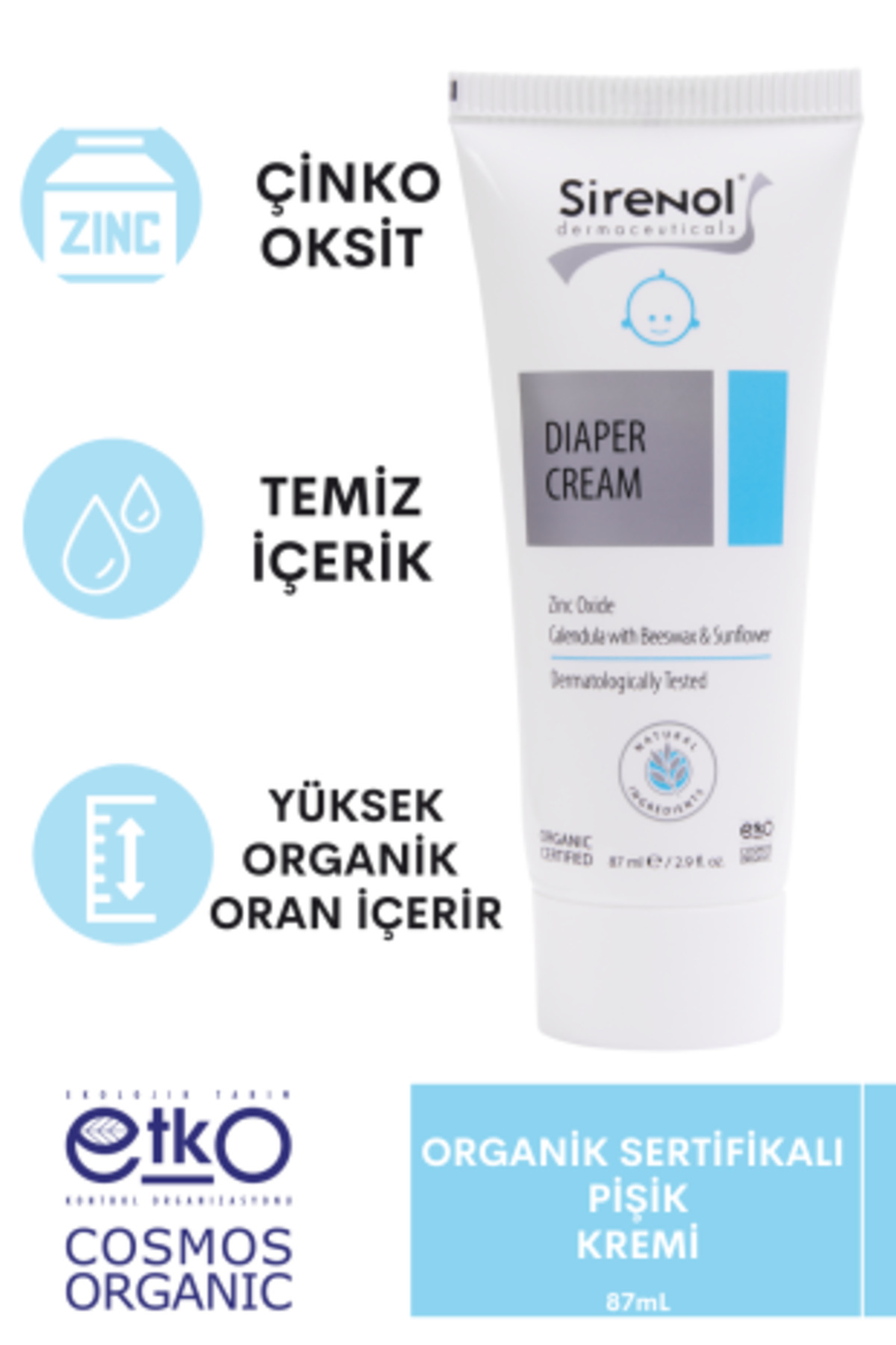 Sirenol Organik 2'li Bebek Bakım Seti (Şampuan + Pişik Kremi) 400 mL / 87 mL fotoğrafı 3 (önizleme)