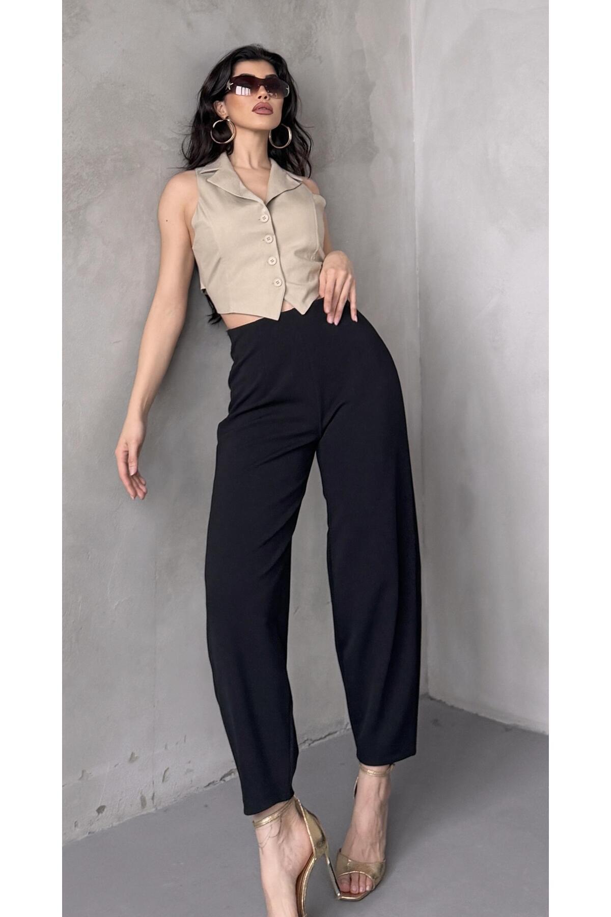 Paw Garage  Kadın Bernis Siyah Balon Pantolon, Beli Lastikli Şalvar Model Krep Balon Pantolon Basen Gizleyen - Görsel 6