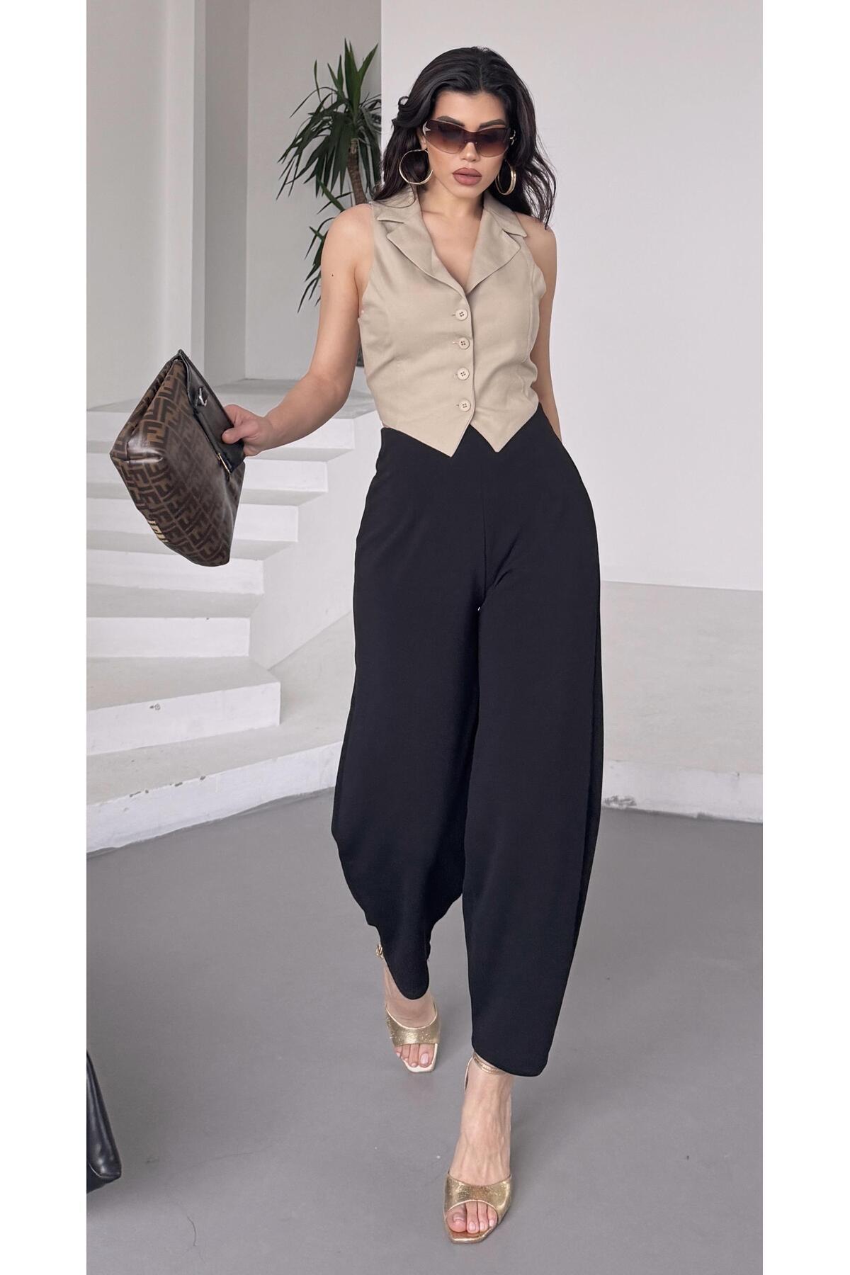 Paw Garage  Kadın Bernis Siyah Balon Pantolon, Beli Lastikli Şalvar Model Krep Balon Pantolon Basen Gizleyen - Görsel 3