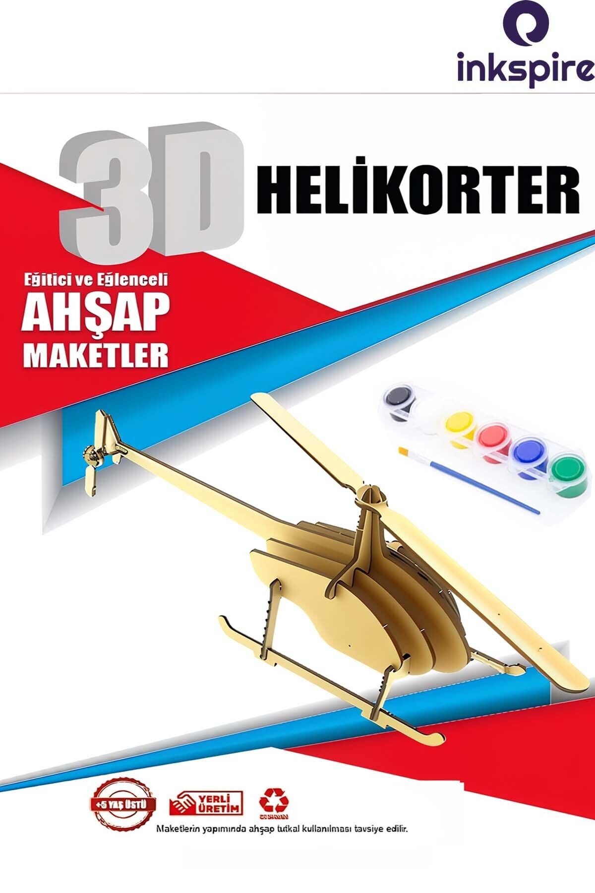 inkspire 3D Ahşap Maket 3 Boyutlu Boyanabilir Geçmeli Puzzle Maket 6Lı Akrilik Boya Fırça Kendin Yap Boya Set