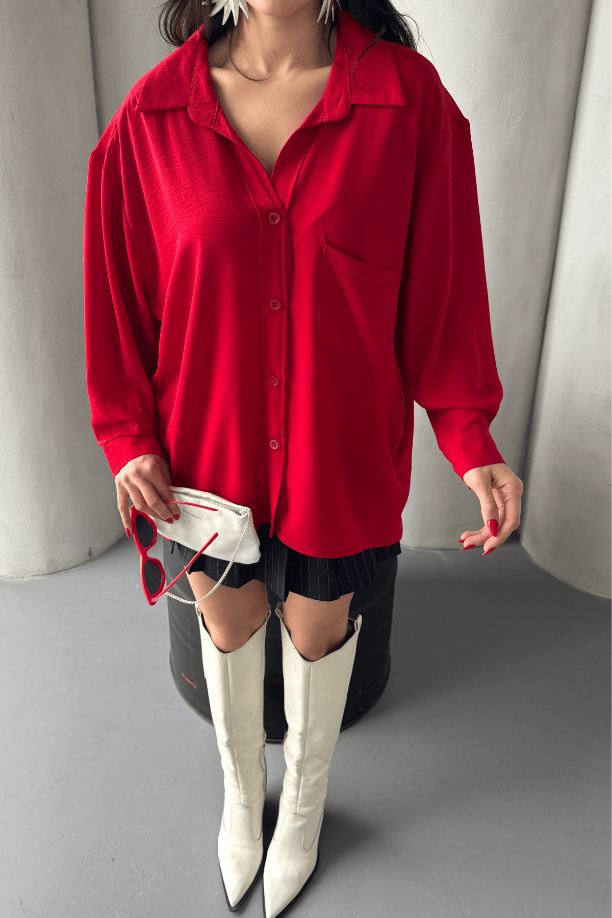 Paw Garage  Kadın Perla Kırmızı Tek Cepli Oversize Gömlek, Geniş Kalıp Gömlek, Aerobin Gömlek - Görsel 6