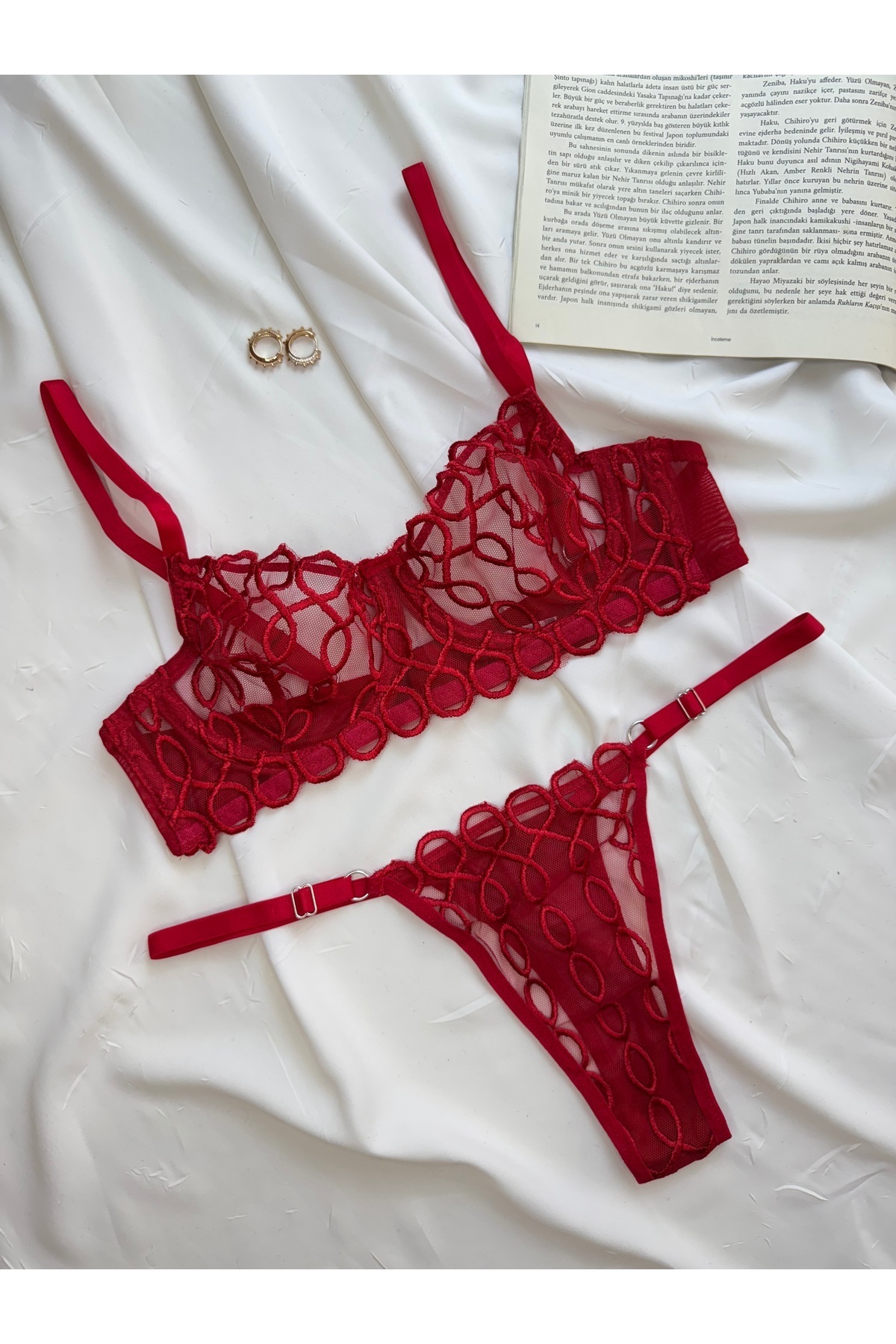 ROZENİN LINGERIE  Sevgililer Günü Özel Kırmızı Zincir Desenli Transparan Bralet Takım - Görsel 3