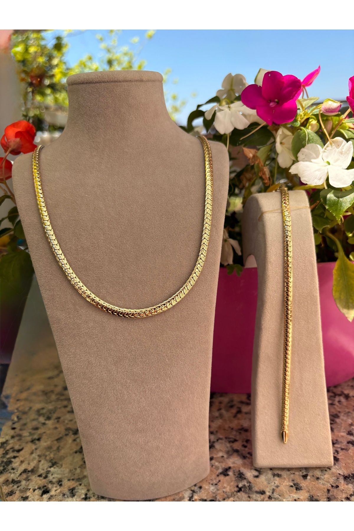 xUPING Altın Kaplama Balıksırtı Model Kolye Set Kararmaz 14K Rengindedir Kolye 60cm Bileklik 20cm