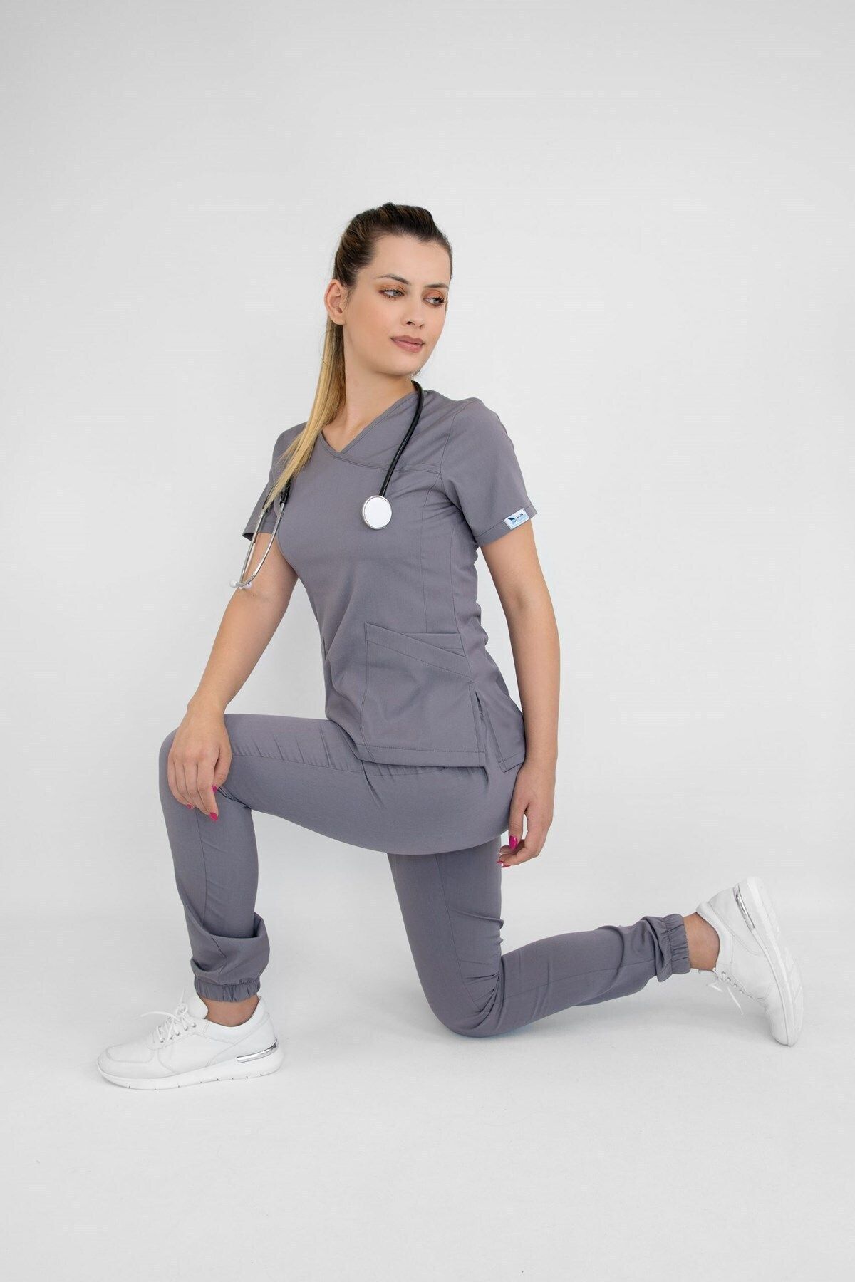 Nur Medikal Giyim-Gray Elastic Leg Double Breasted Viscose Lycra Atlantis Surgical Atlantis Model Jogger Uniform Set 6