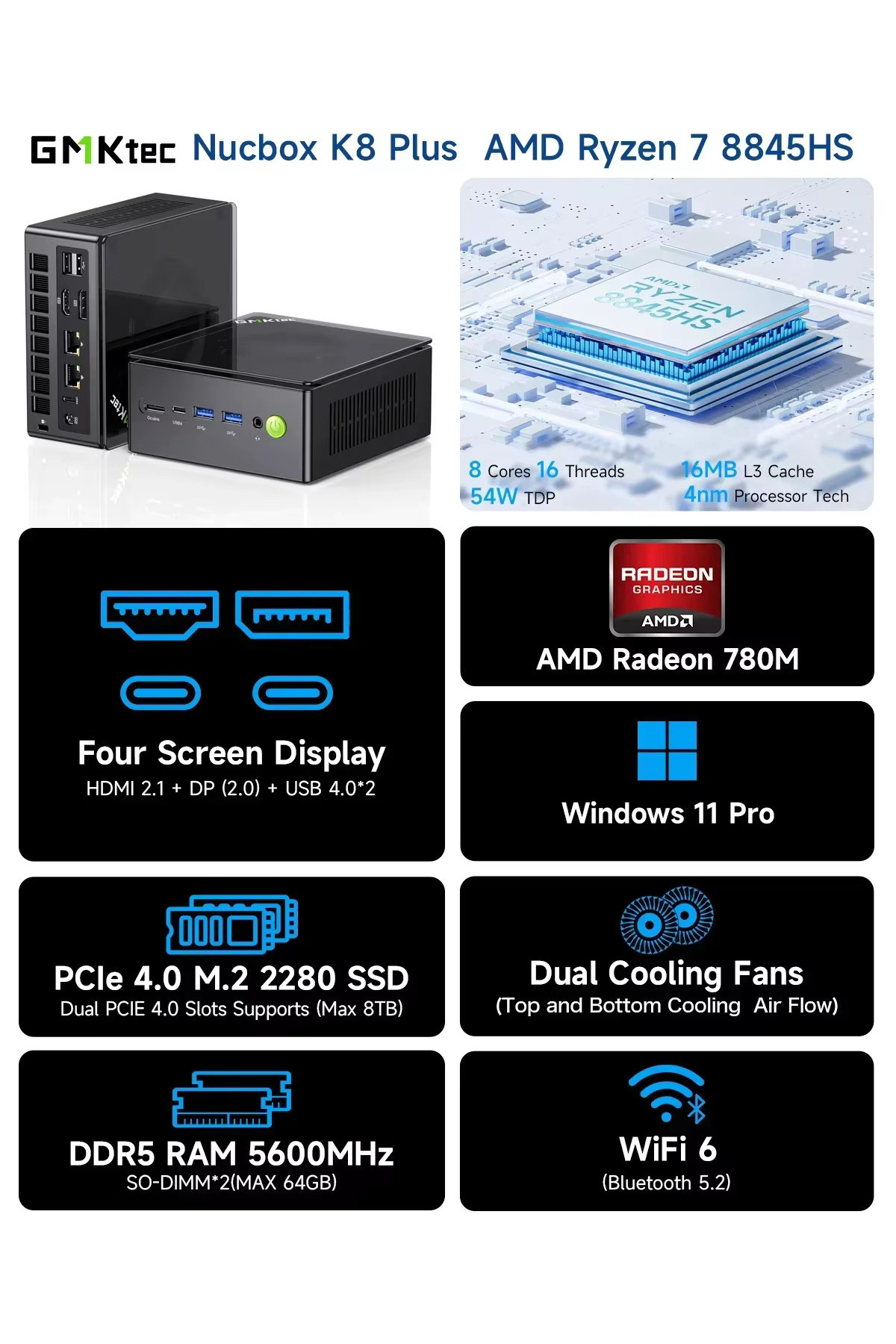 GMKtec-K8 PLUS AMD Ryzen 7 8845HS, 32 GB DDR5, 1 TB SSD, Wi-Fi 6, BT 5.2, Win11 PRO Mini PC 5