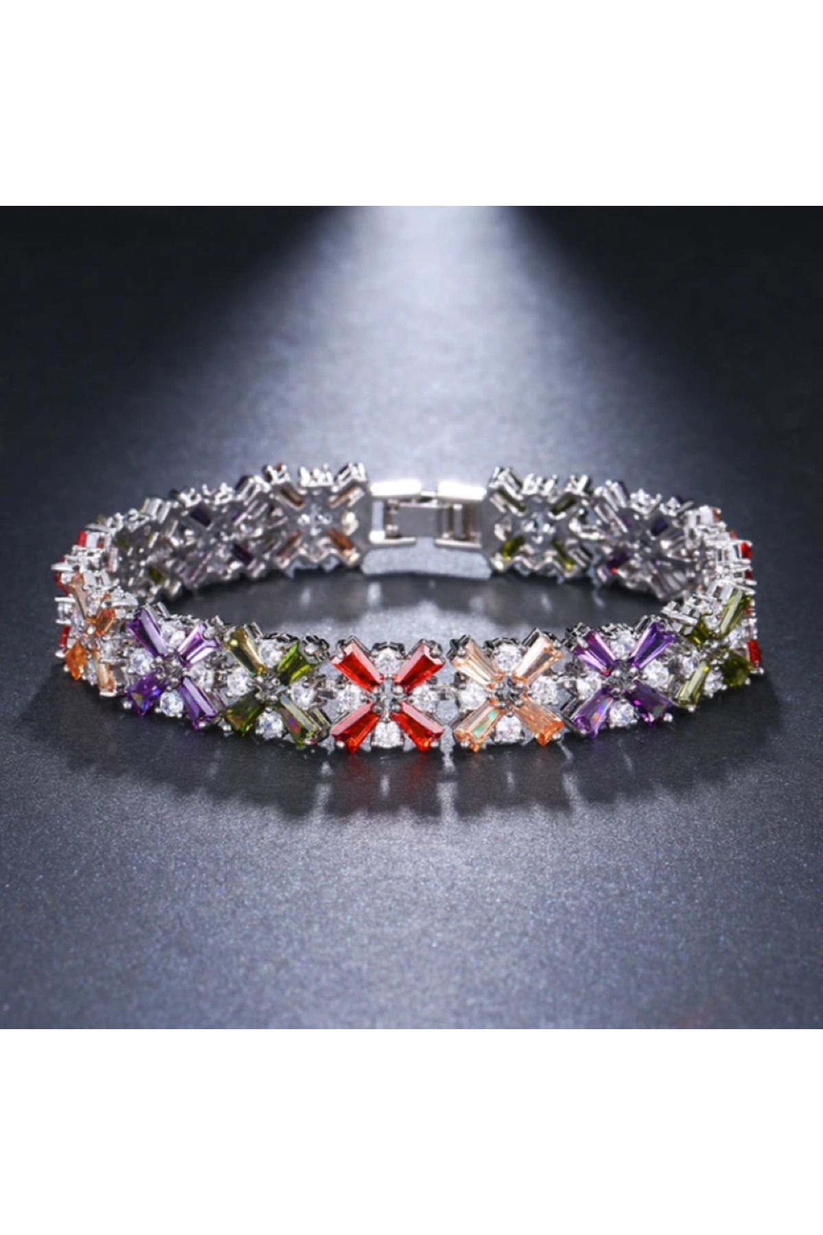 Finesa Jewelry VİP, Renkli Taş Detaylı, Çiçek Figürlü ,Kararmaz, Çelik Bileklik (Uzunluğu19 cm )
