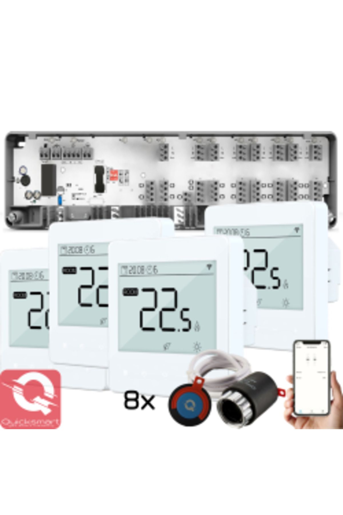 Quicksmart-Pachet Automatizare Incalzire Pardoseala Q10, Controller pardoseala 8 zone, 4x Termostat cu fir Q40, 1