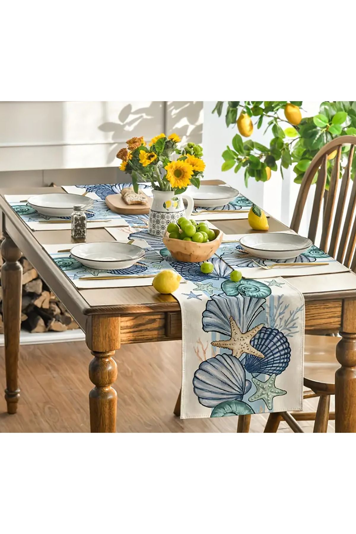 Sister Home Design Yaz Modası Deniz Kabukları Okyanus Temalı Tropikal Runner Mevsimlik , 45 x 140 cm, Açık Mavi